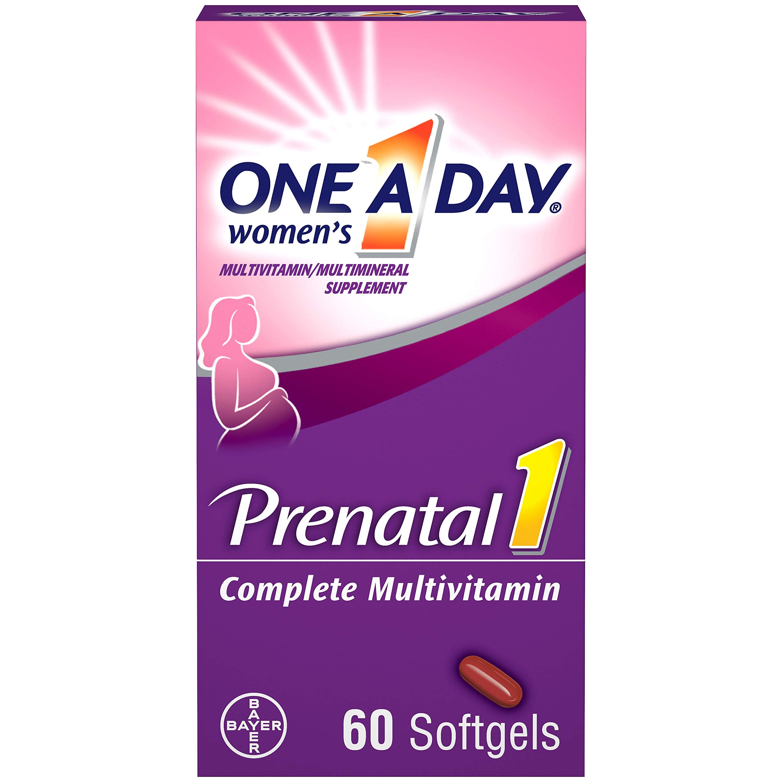 One A Day Prenatal 1 softgel en botella para apoyo nutricional diario durante el embarazo.