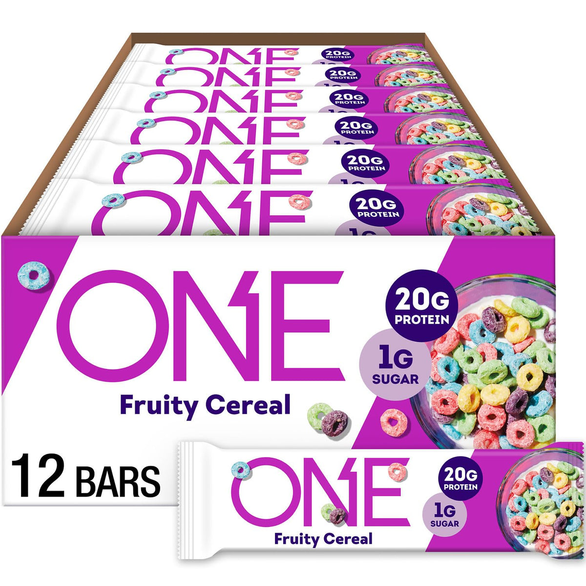 Barra de proteína ONE Cereal Frutado en empaque; snack práctico para llevar.