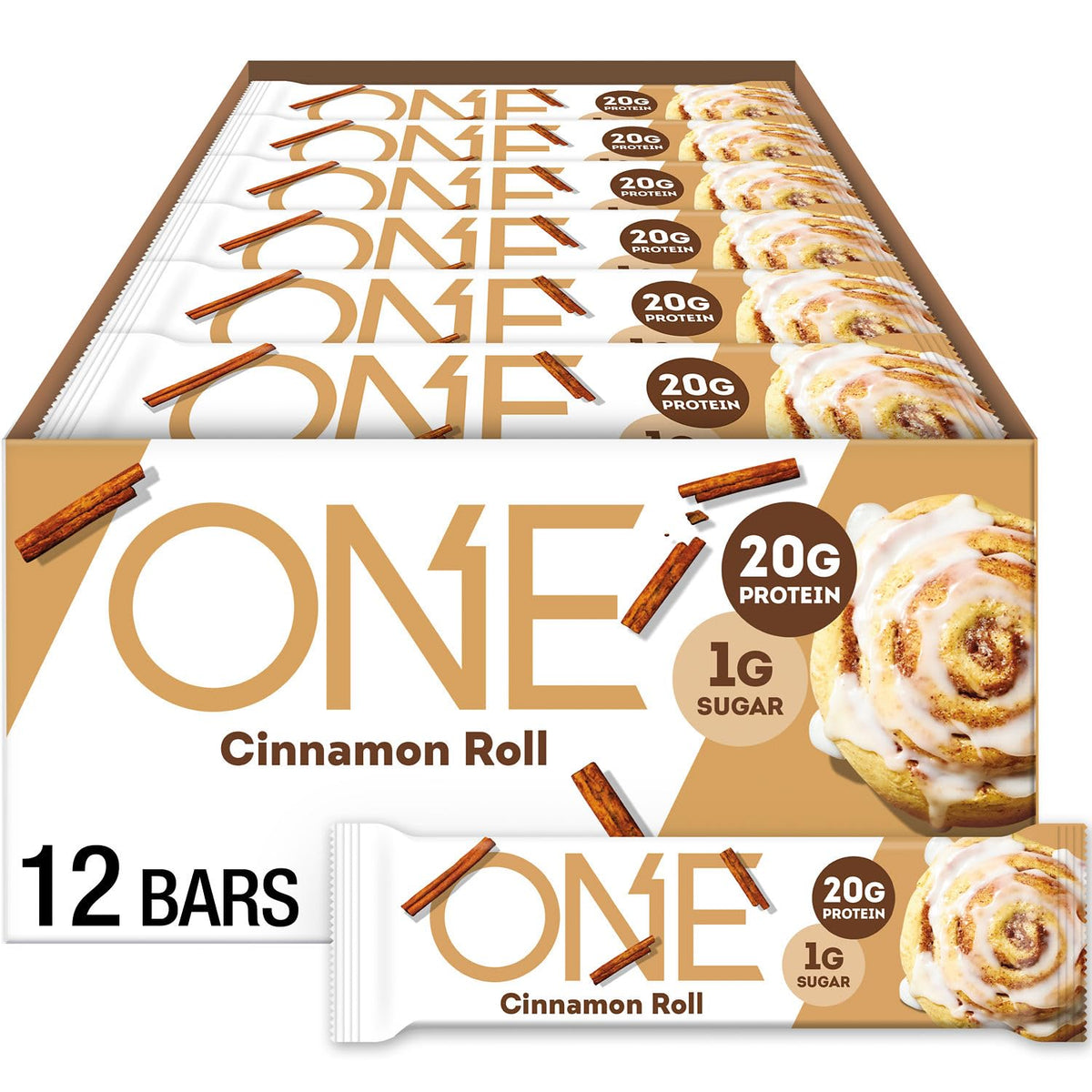 ONE barra proteina sabor rollo canela, empaque visible para desayuno rápido.