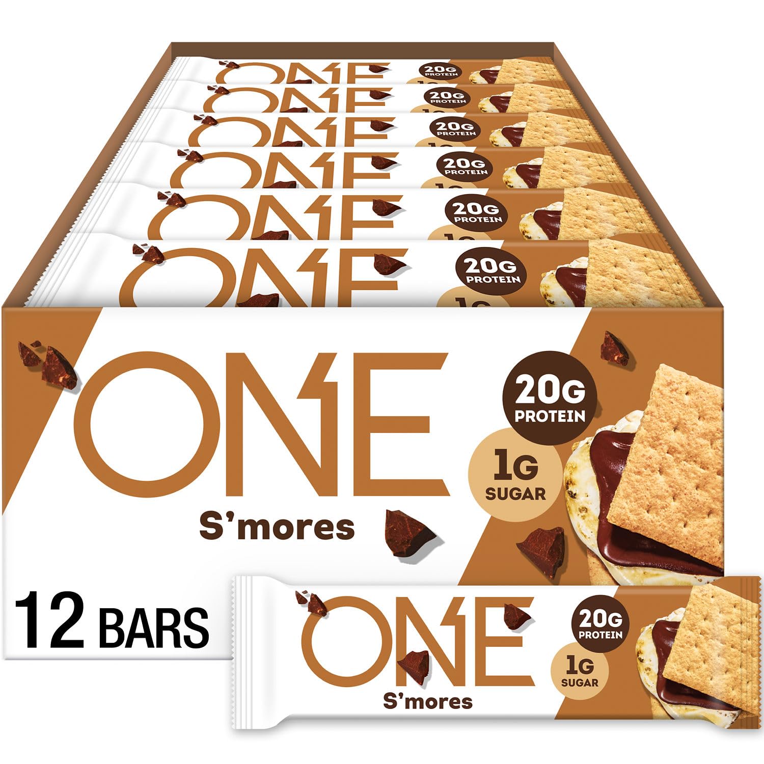 Barra ONE proteina sabor s'mores empacada para llevar y snack rápido.