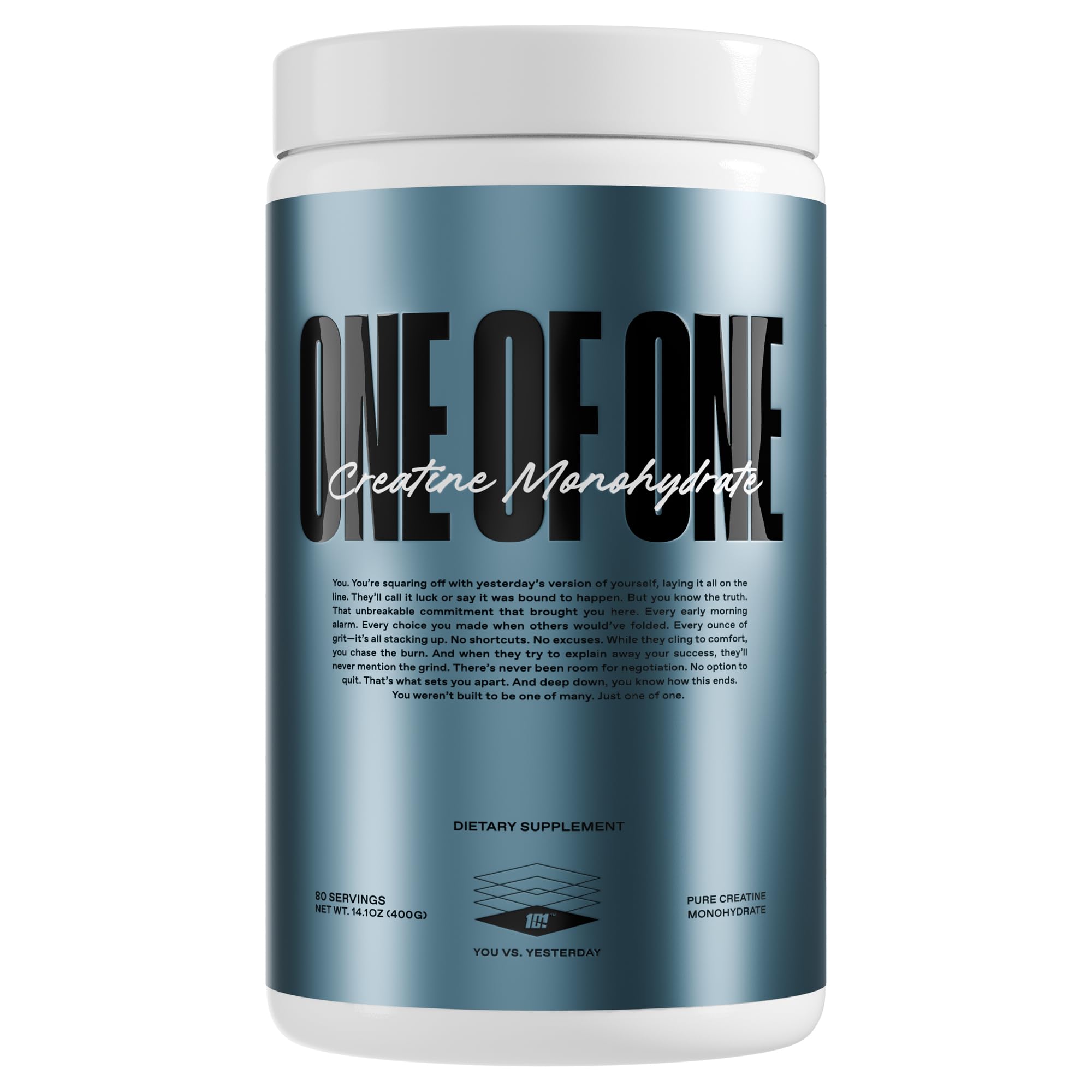 ONE OF ONE creatina monohidrato en envase, posible soporte para crecimiento muscular.