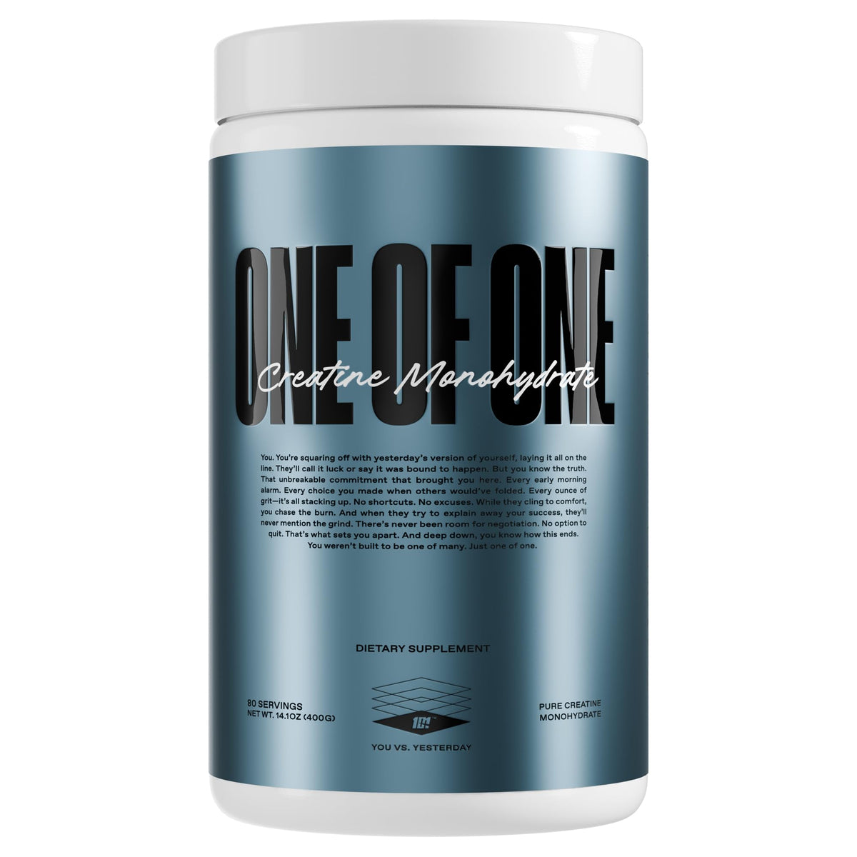 ONE OF ONE creatina monohidrato en envase, posible soporte para crecimiento muscular.