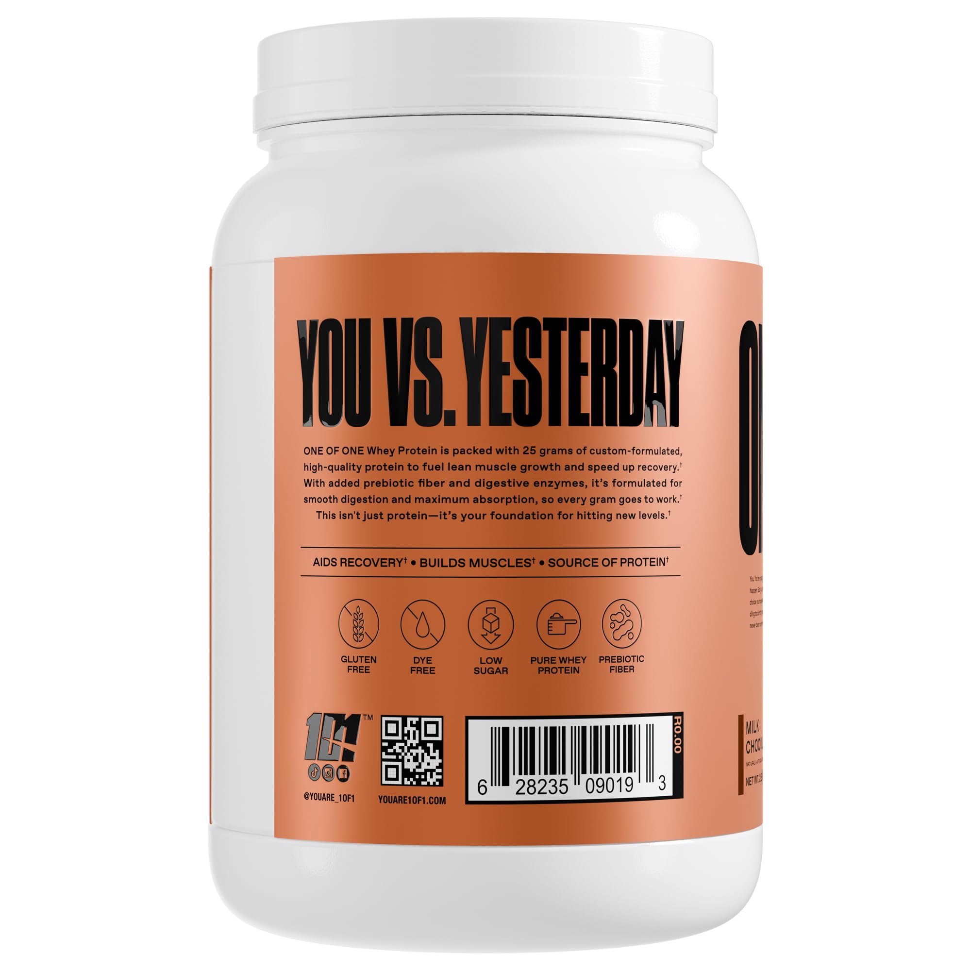 ONE OF ONE Whey etiqueta nutricional con 25 g de proteína por porción