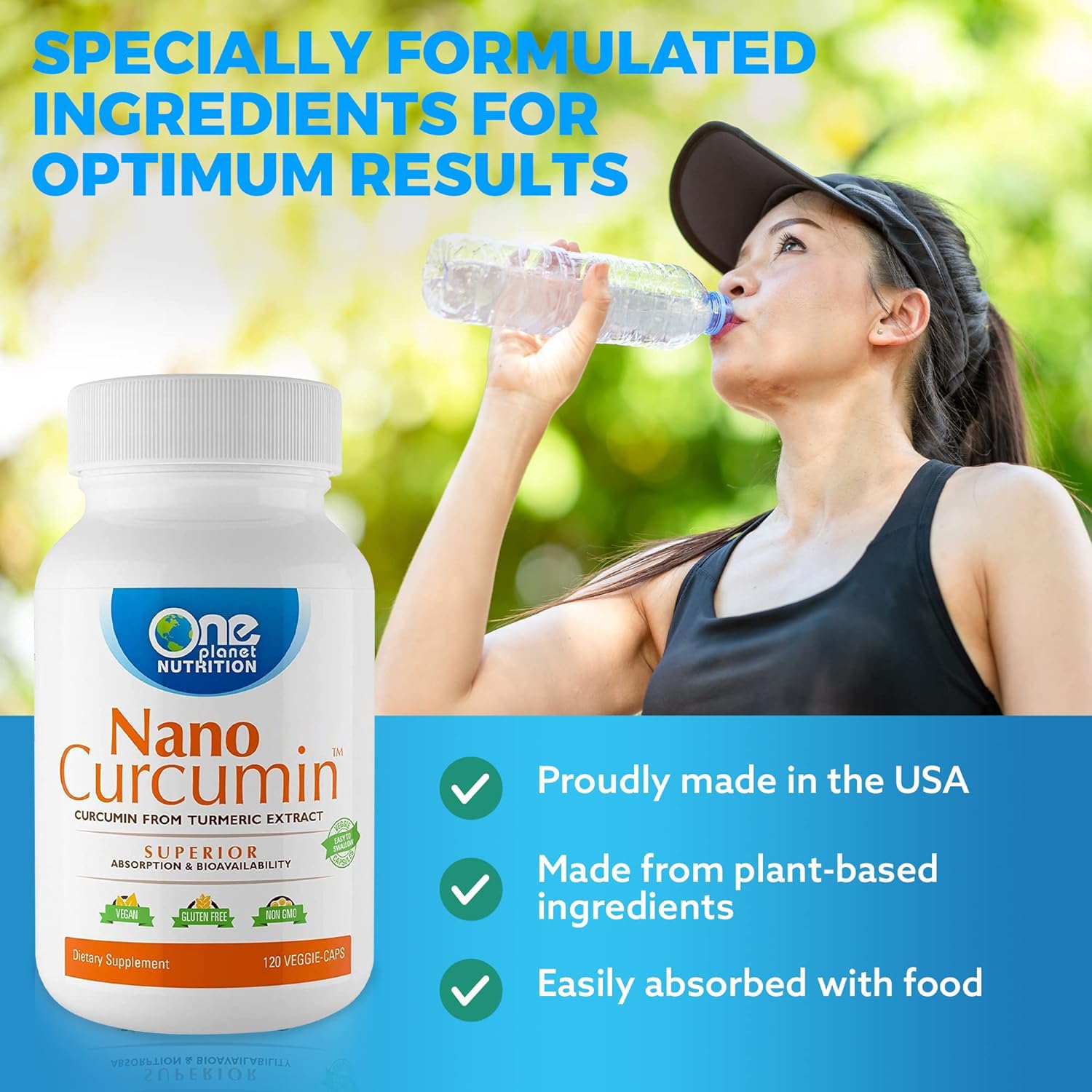 One Planet Nutrition Nano Curcumin, envase vegano y libre de transgénicos.