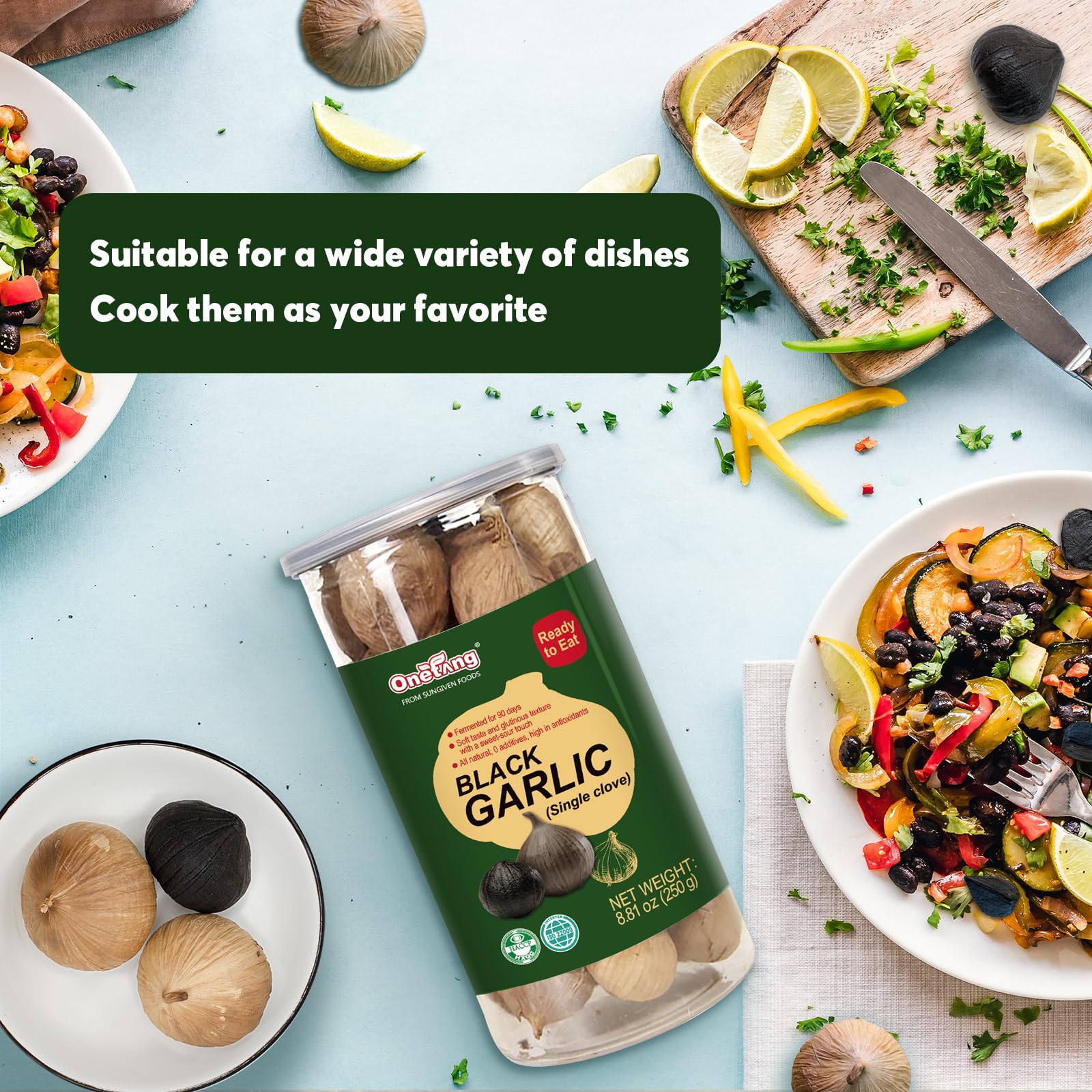 ONETANG Ajo negro, uso versátil en recetas, perfecto para ensaladas y salteados.