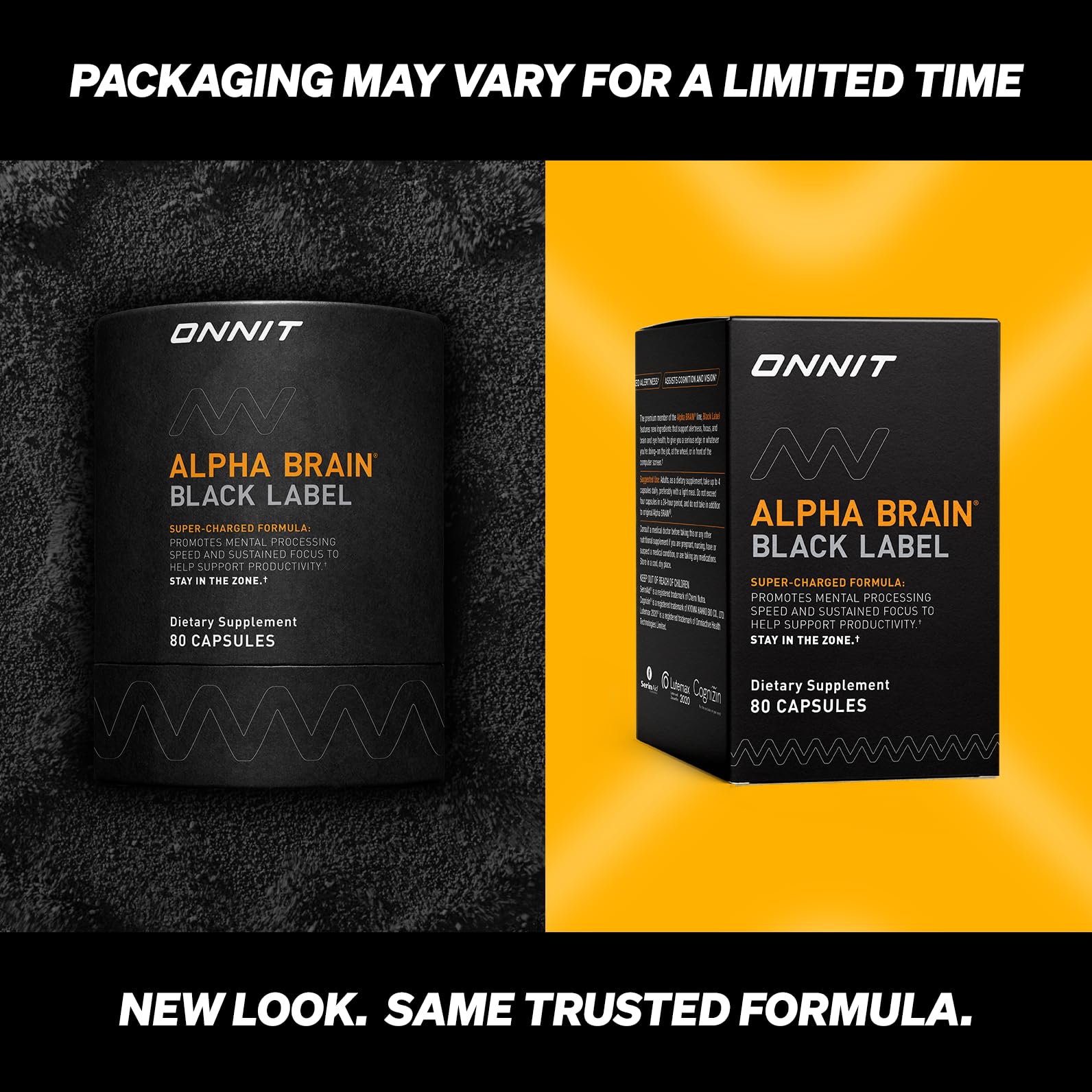 Envase de Alpha Brain Black Label sobre una mesa de estudio