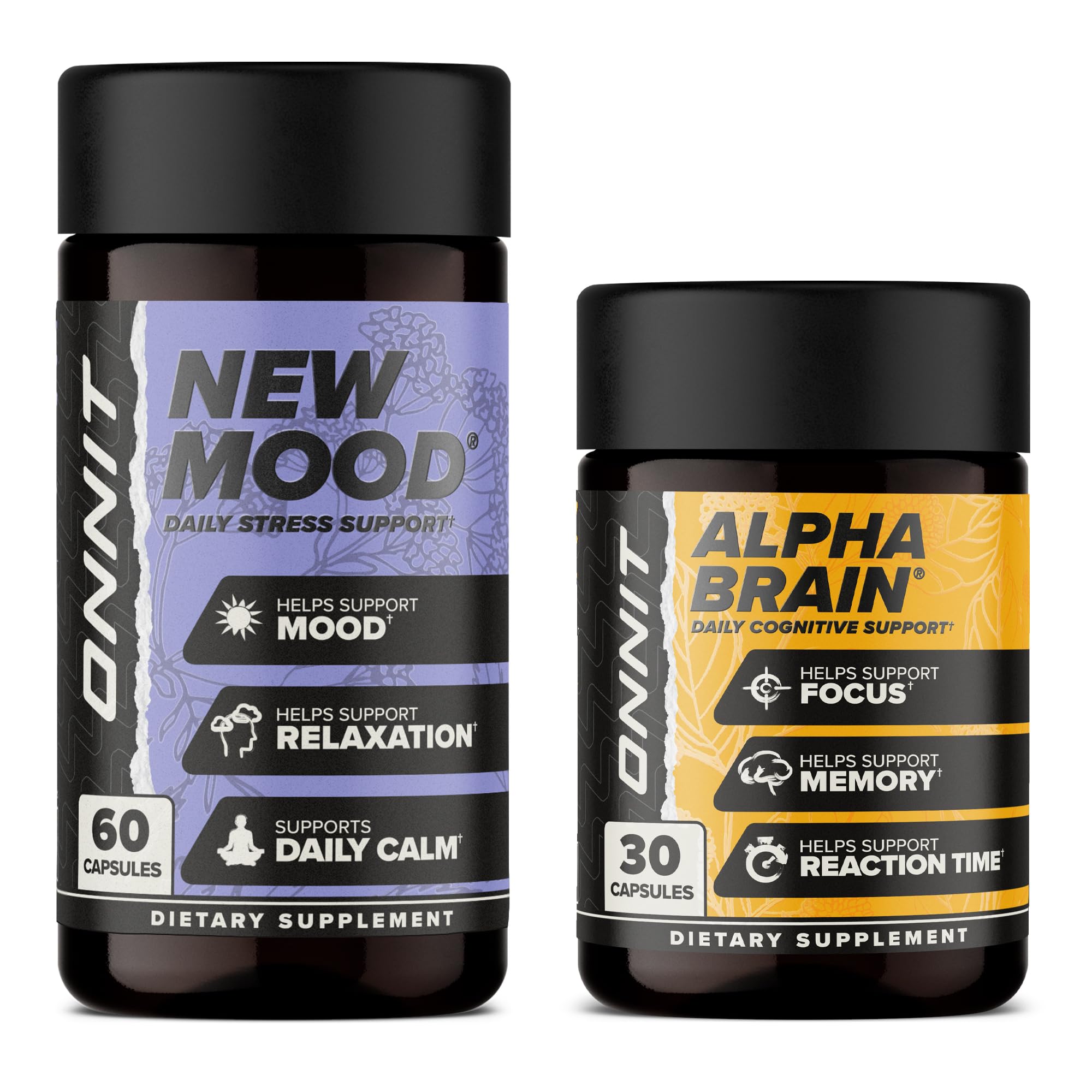 ONNIT Alpha Brain, botella frontal, apoyo al enfoque claro para la jornada.