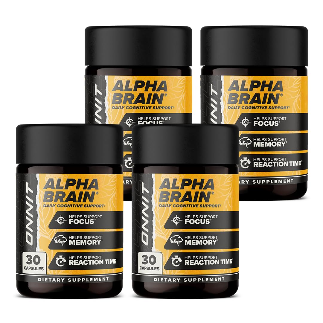 ONNIT Alpha Brain botella para apoyo a la concentración diaria.