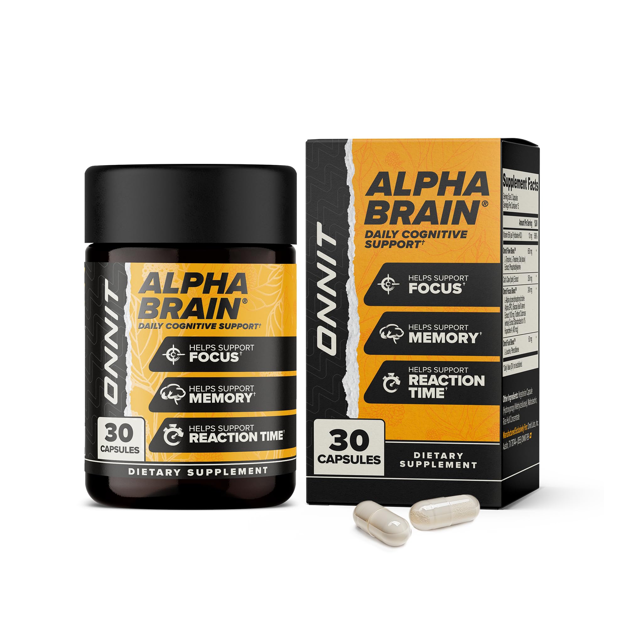 Botella de ONNIT Alpha Brain para enfoque y claridad mental.