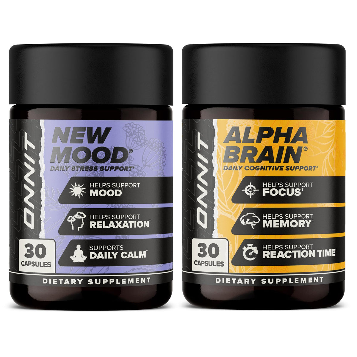 ONNIT Alpha Brain cápsulas en botella para mayor enfoque diario.