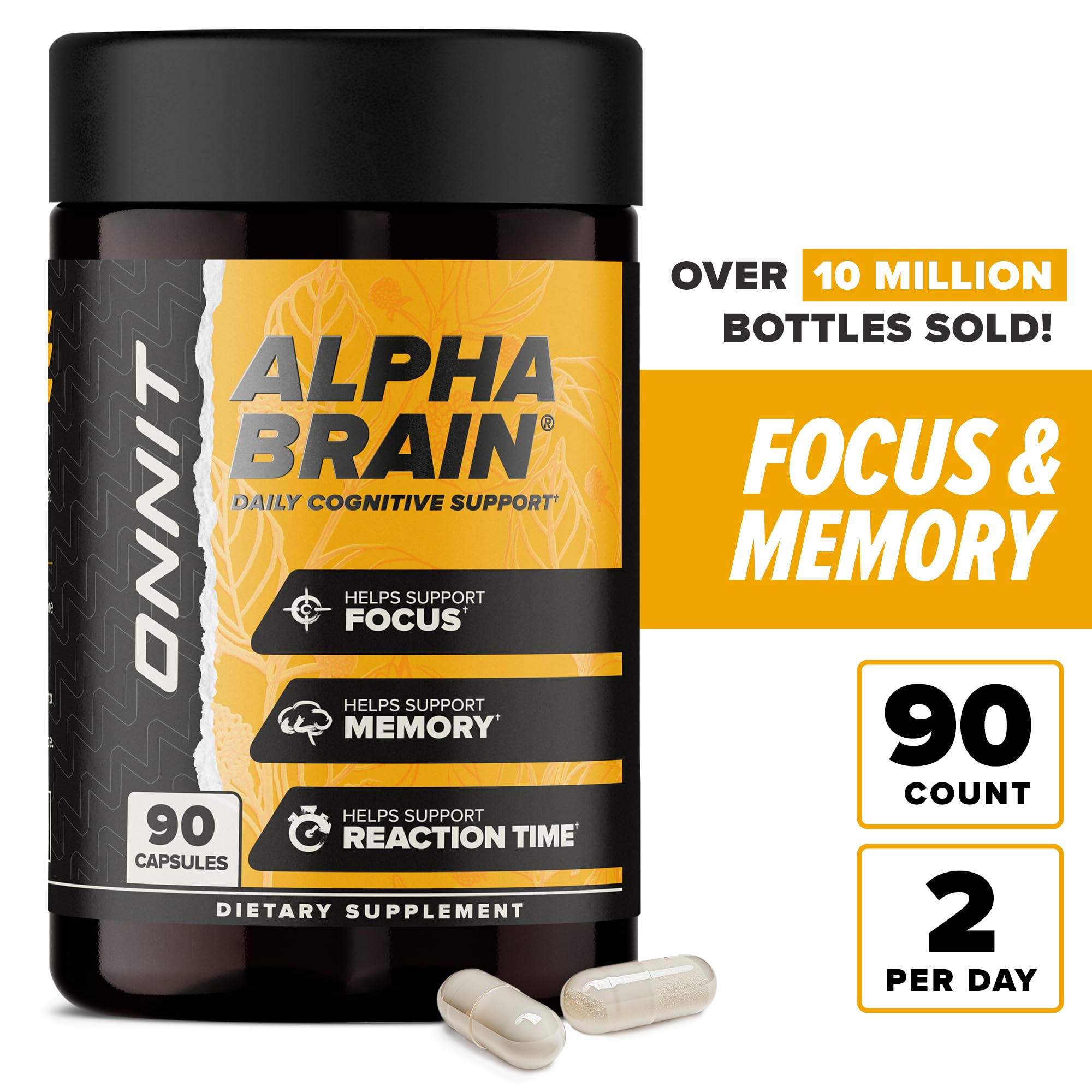 Frasco de ONNIT Alpha Brain sobre la mesa de trabajo