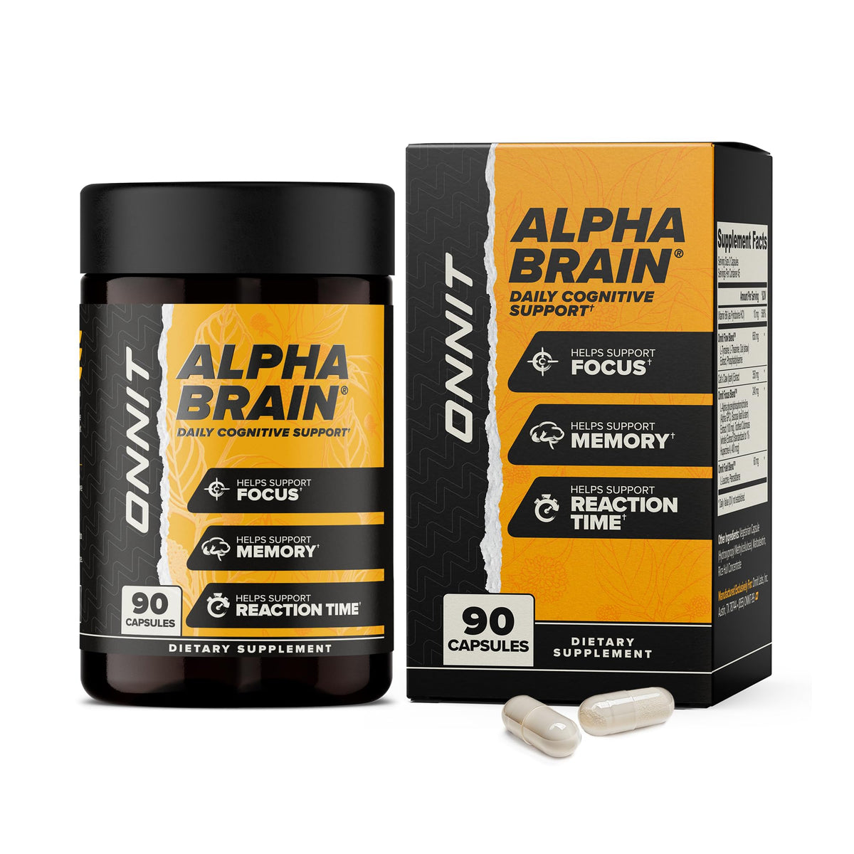 ONNIT Alpha Brain envase de 90 cápsulas para concentración sostenida