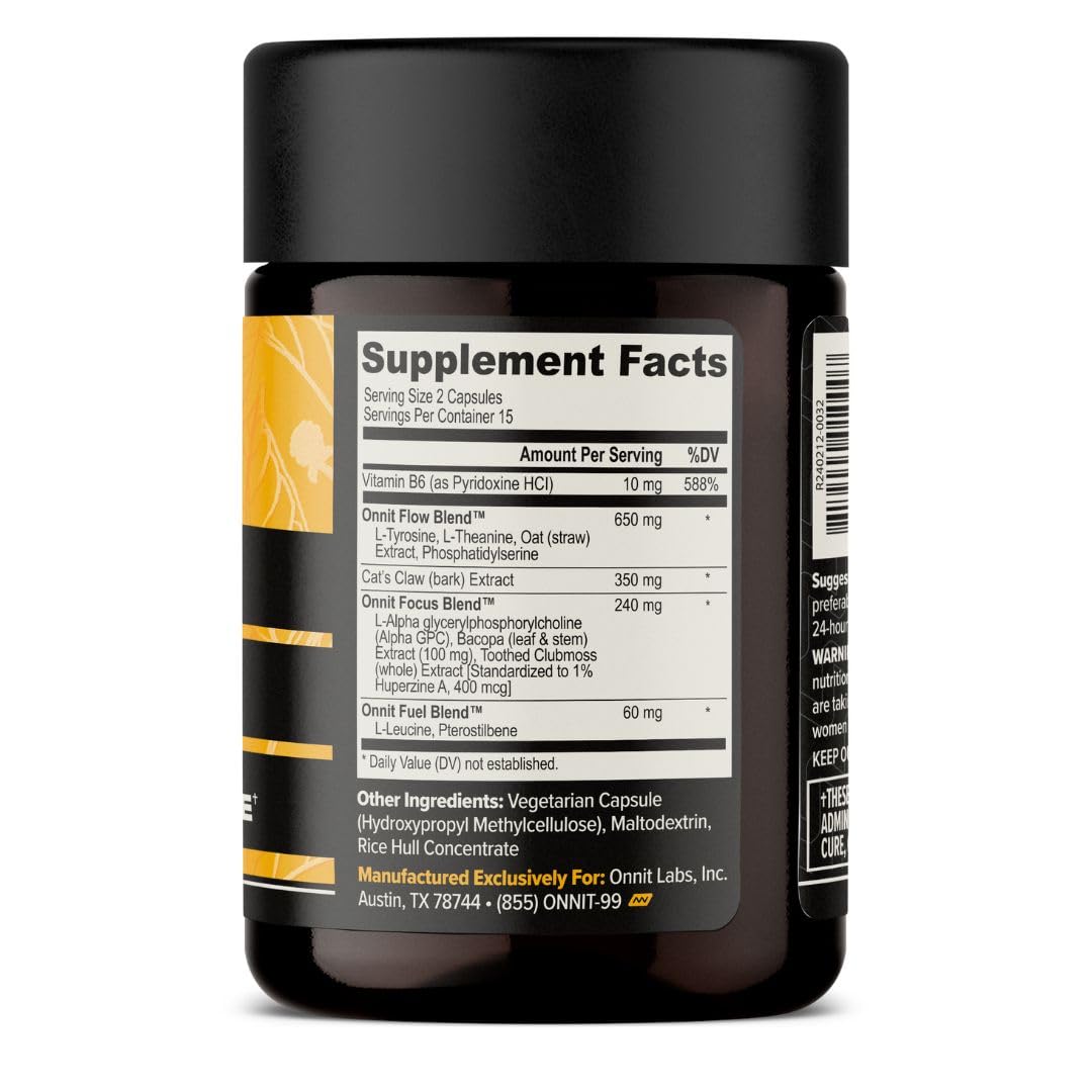 ONNIT Alpha Brain etiqueta de ingredientes herbales para soporte cognitivo.