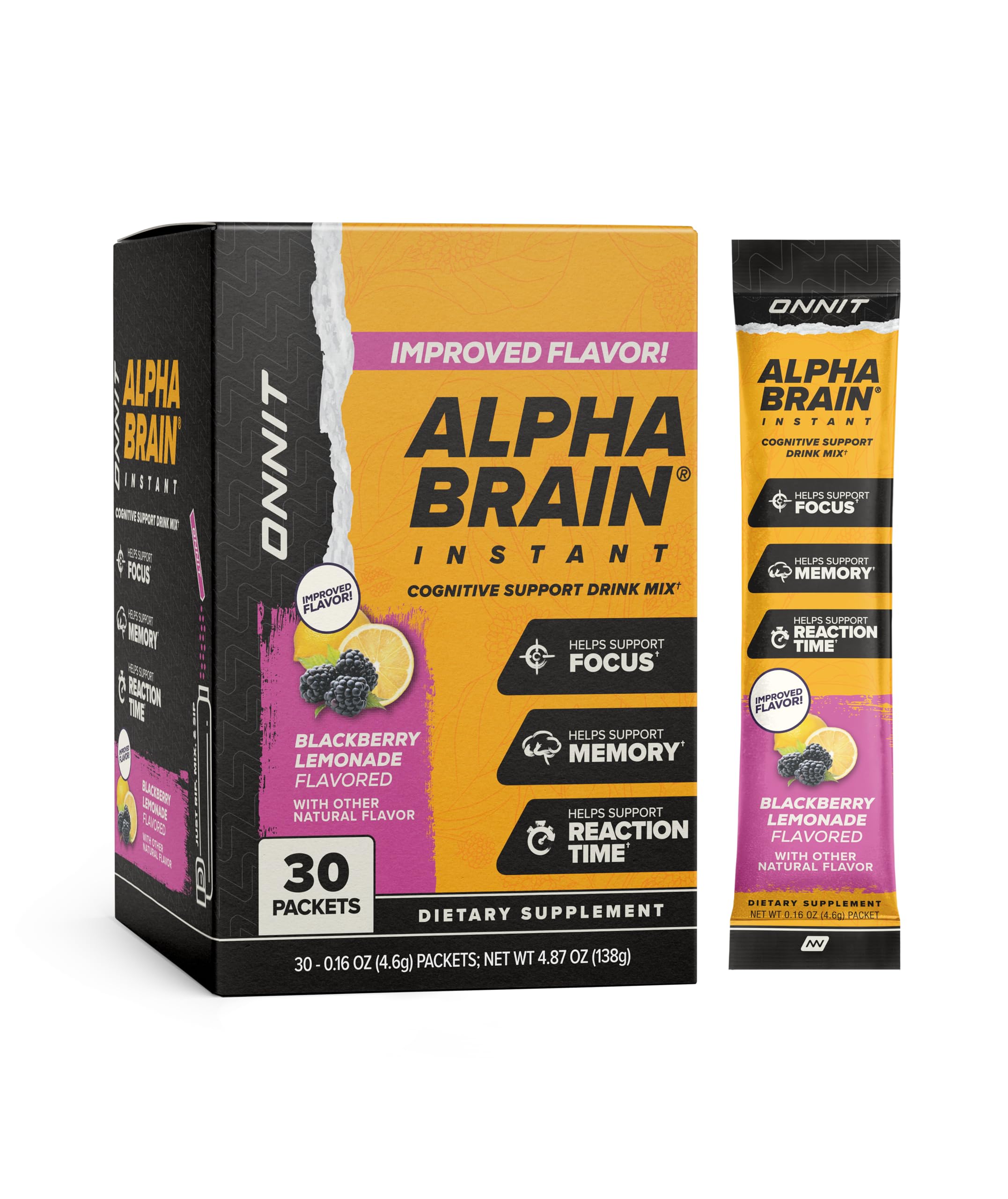 ONNIT Alpha Brain Instant empaque con 30 sobres para uso diario.