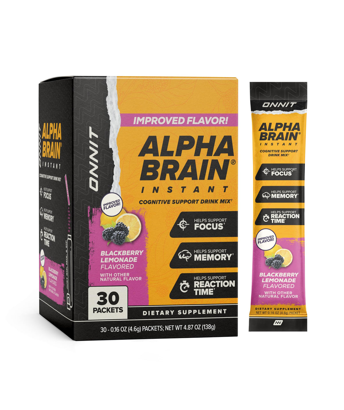 ONNIT Alpha Brain Instant empaque con 30 sobres para uso diario.