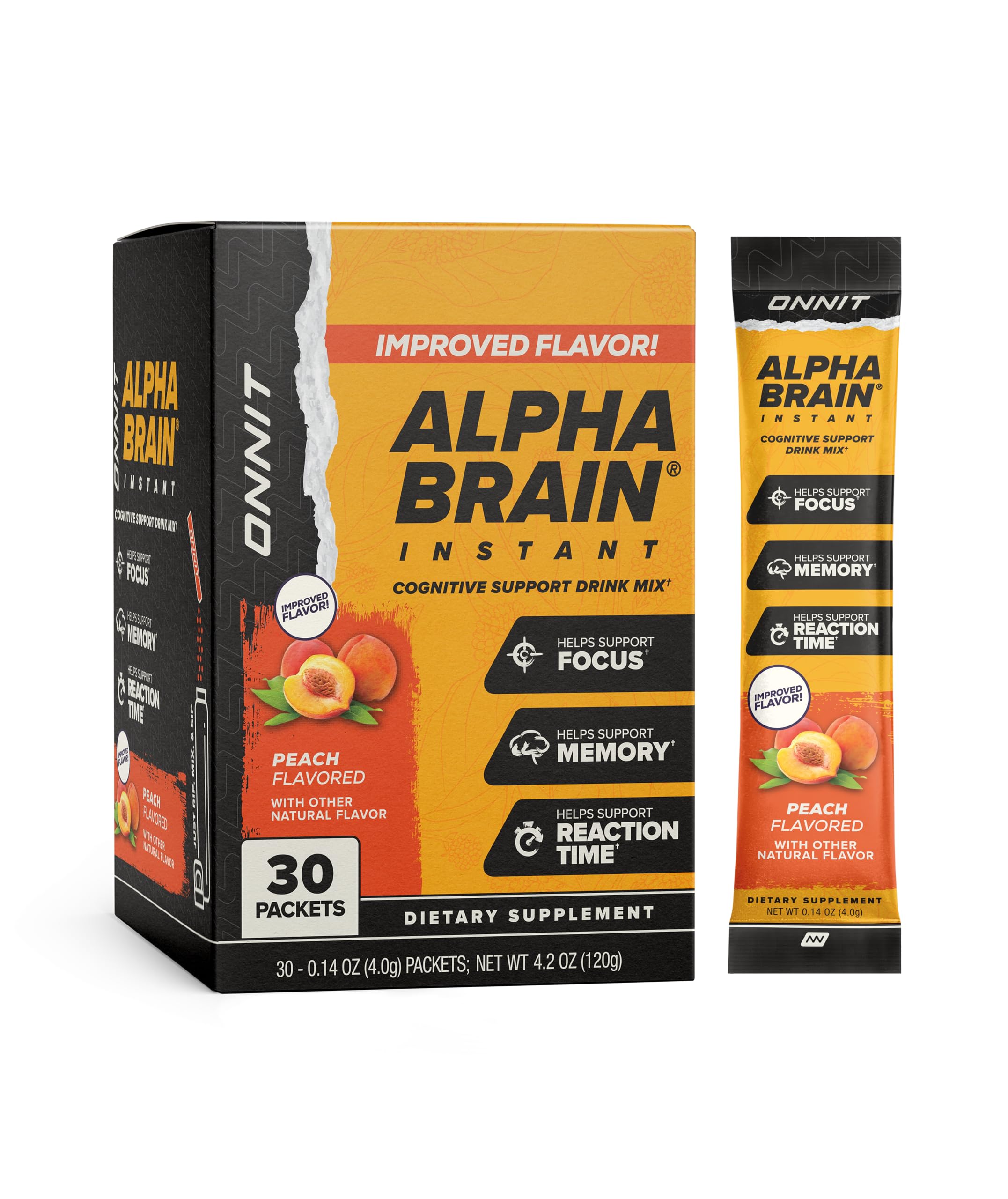 ONNIT Alpha Brain Instant: sobres durazno para concentración durante el estudio
