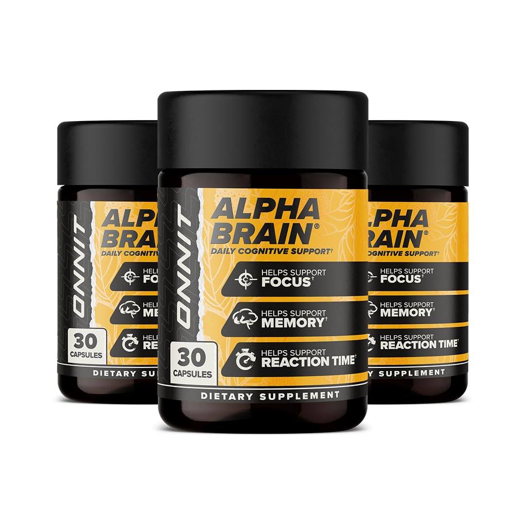 ONNIT Alpha Brain, pack de 3 botellas para enfoque diario.