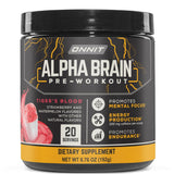ONNIT Alpha Brain, polvo pre-entrenamiento, envase visible, sabor Sangre de Tigre para energía sostenida