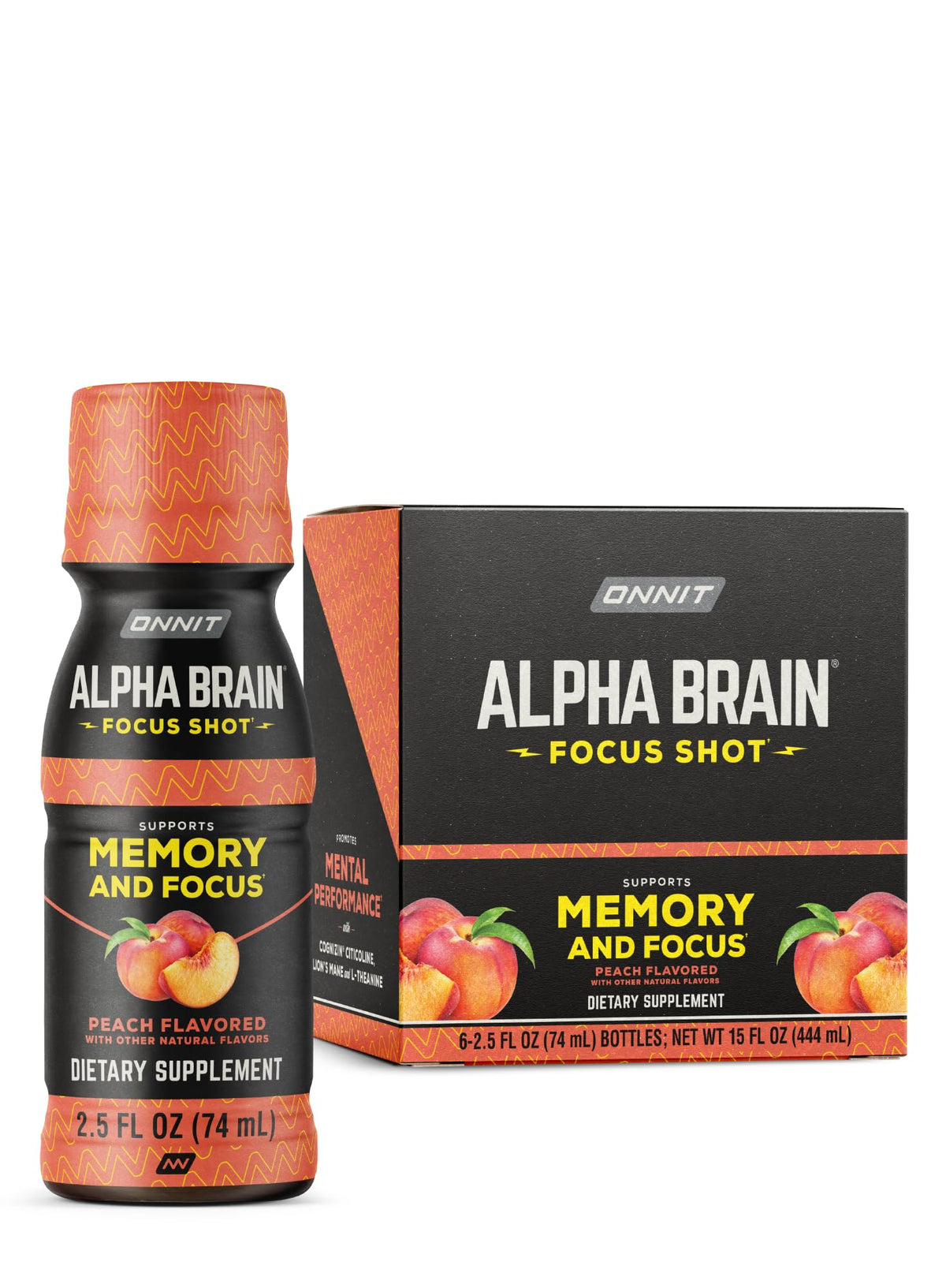 ONNIT Alpha Brain Shot, botella durazno derramada, energía rápida para empezar.