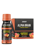ONNIT Alpha Brain Shot, botella durazno derramada, energía rápida para empezar.