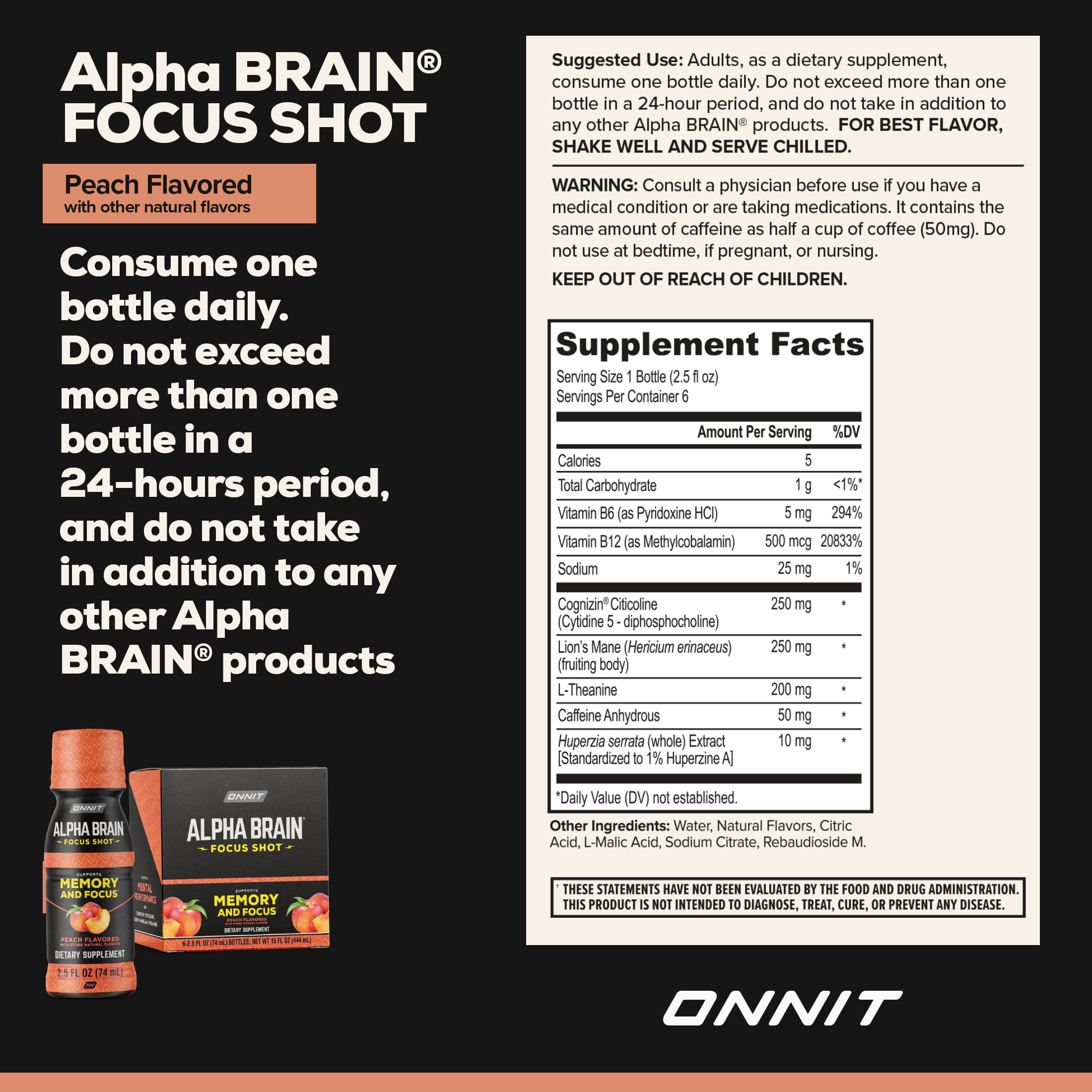ONNIT Alpha Brain Shot, color durazno brillante, sabor agradable que estimula la mañana.
