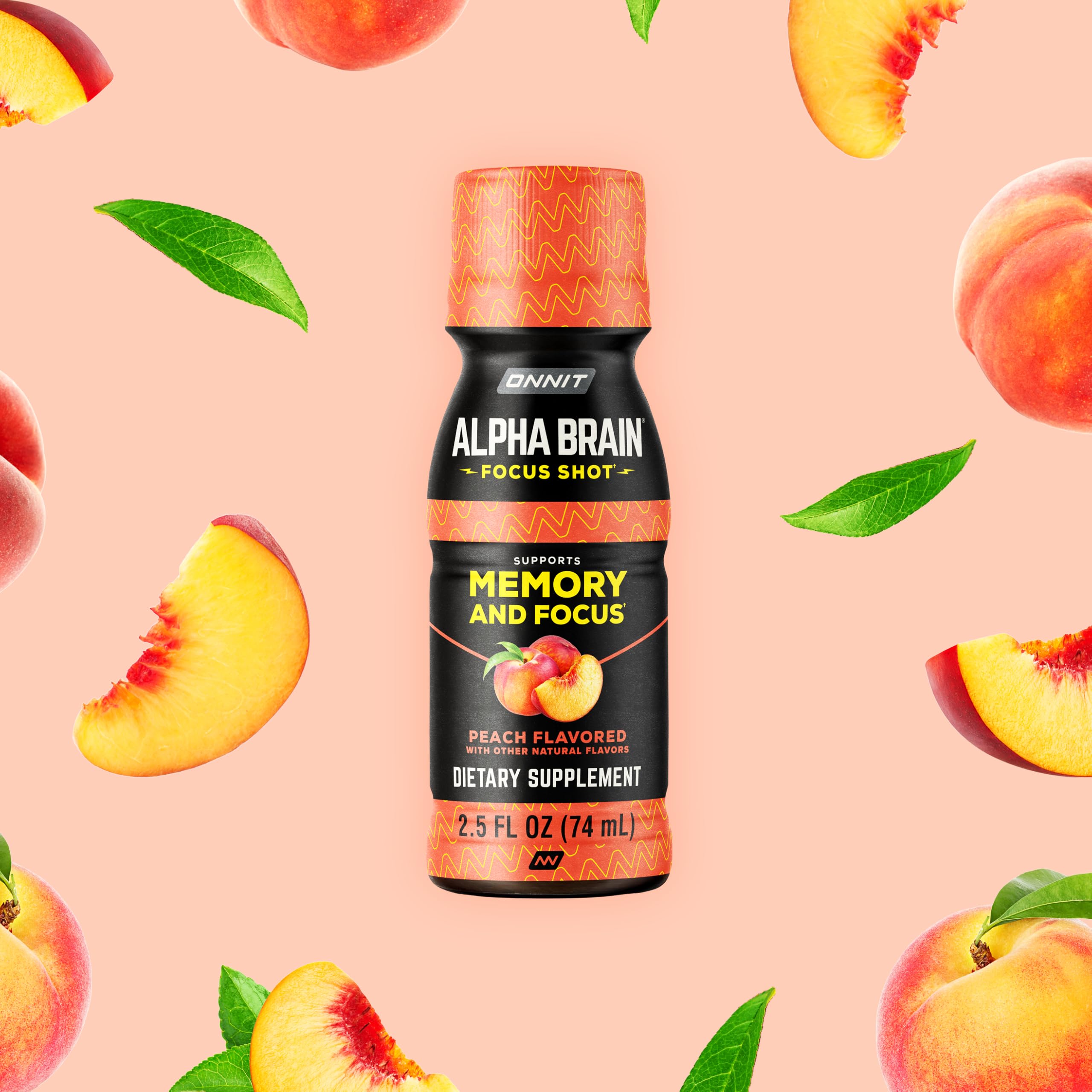 ONNIT Alpha Brain Shot, primer plano de etiqueta detalla sin gluten y sin azúcar.