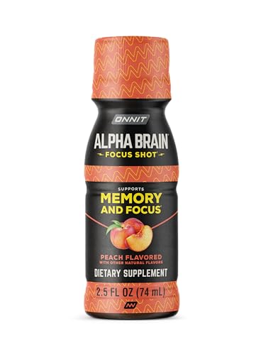 ONNIT Alpha Brain Shot, etiqueta durazno en primer plano, claridad de ingredientes.