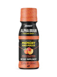 ONNIT Alpha Brain Shot, etiqueta durazno en primer plano, claridad de ingredientes.