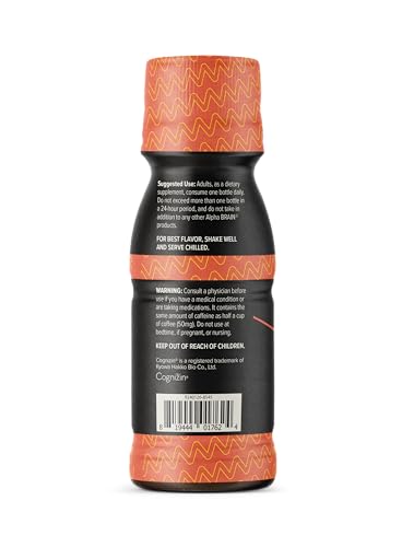 ONNIT Alpha Brain Shot, vaso con durazno, consumo conveniente durante el día.