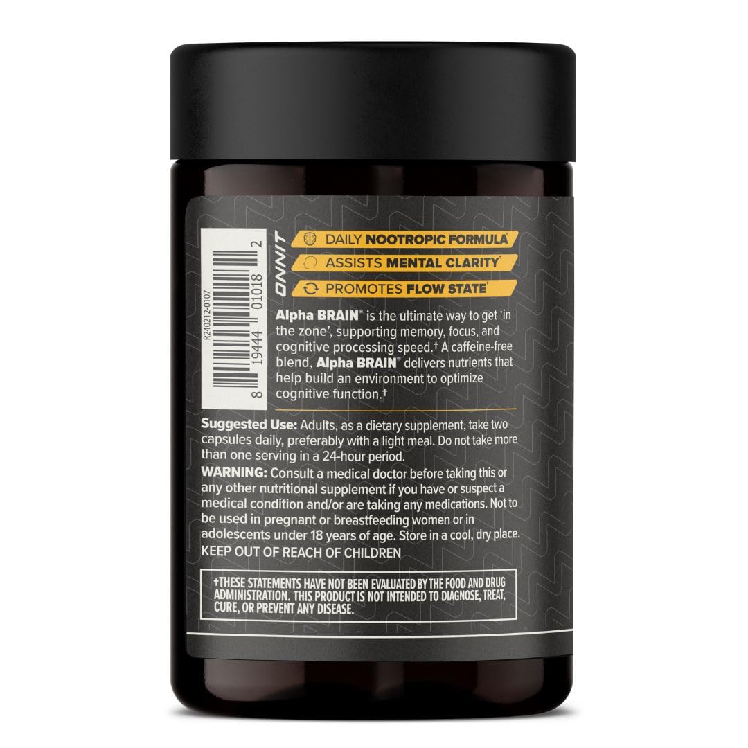 Cápsulas ONNIT Alpha Brain sin cafeína para foco sostenido.
