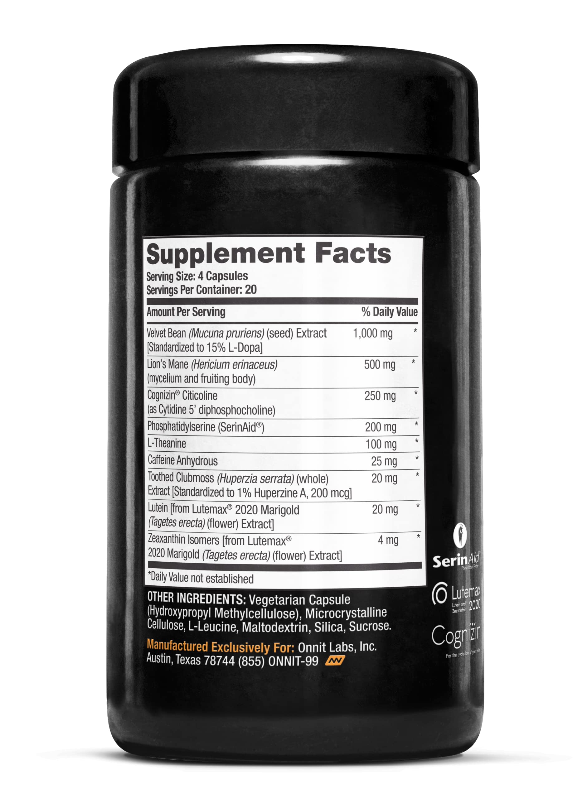 Ingrediente clave cafeína y L-teanina en etiqueta Alpha Brain
