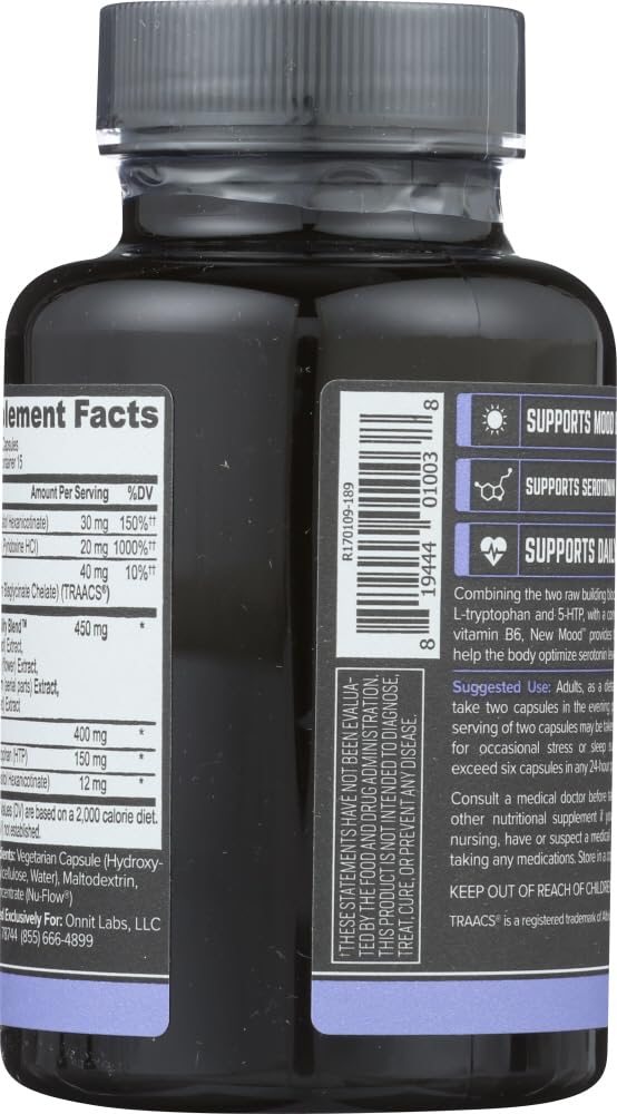 Onnit New Mood, primer plano de etiqueta y ingredientes clave