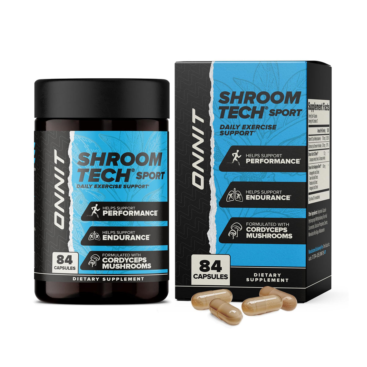 ONNIT Shroom Tech SPORT presenta un bote de cápsulas para energía diaria.