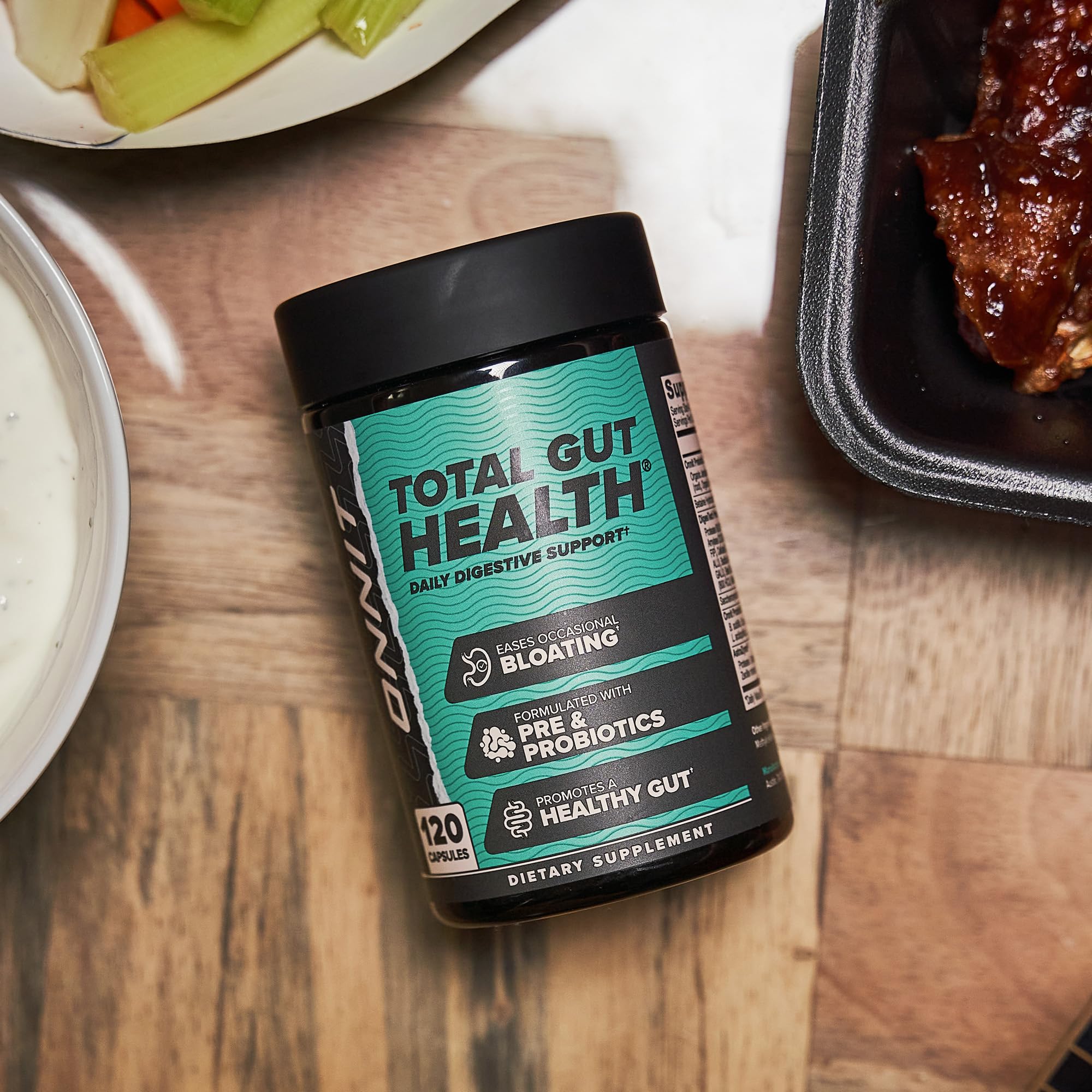 ONNIT Total Gut Health, alivio del malestar de gases tras comidas.