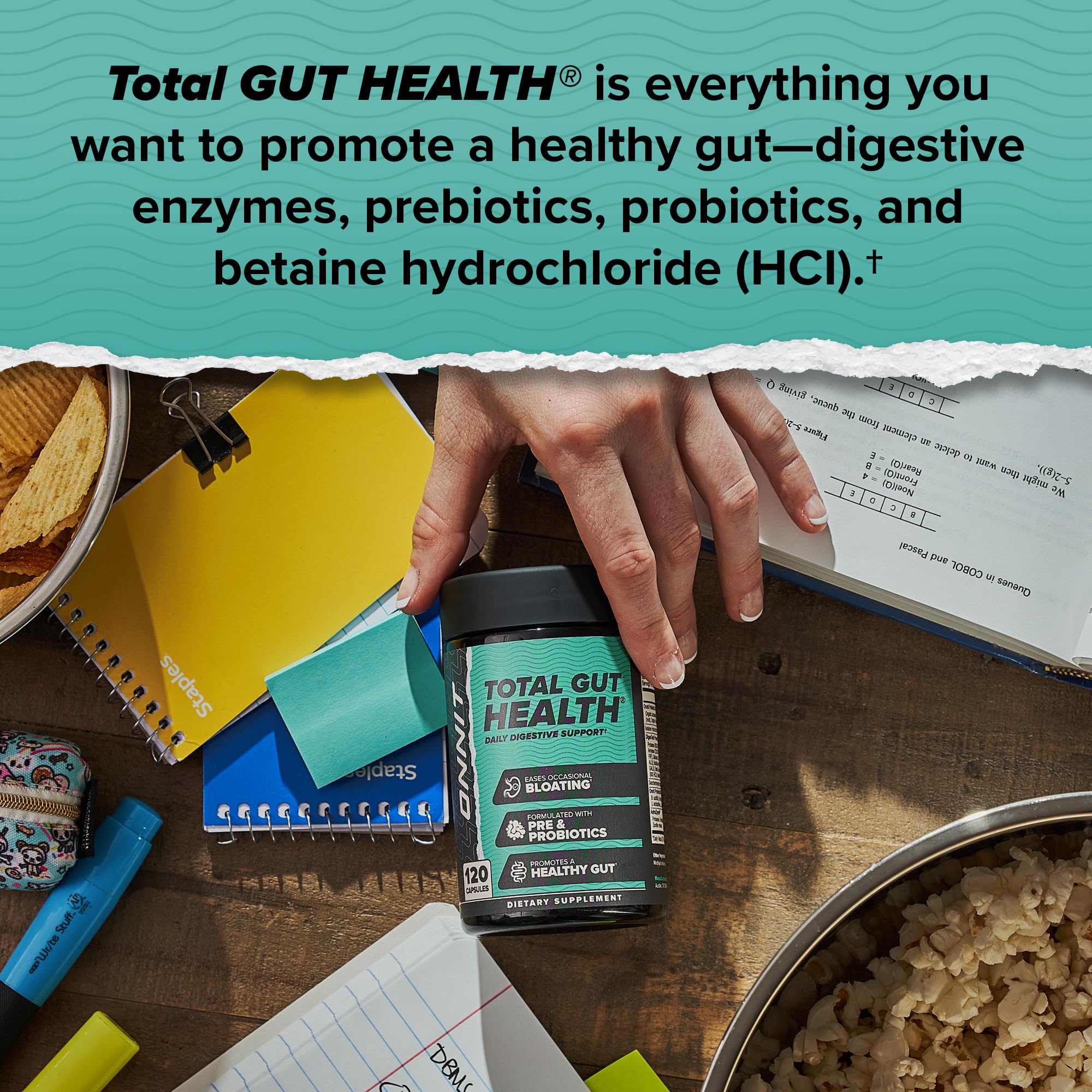 ONNIT Total Gut Health, Betaína HCl integrada para apoyar la digestión de macronutrientes.