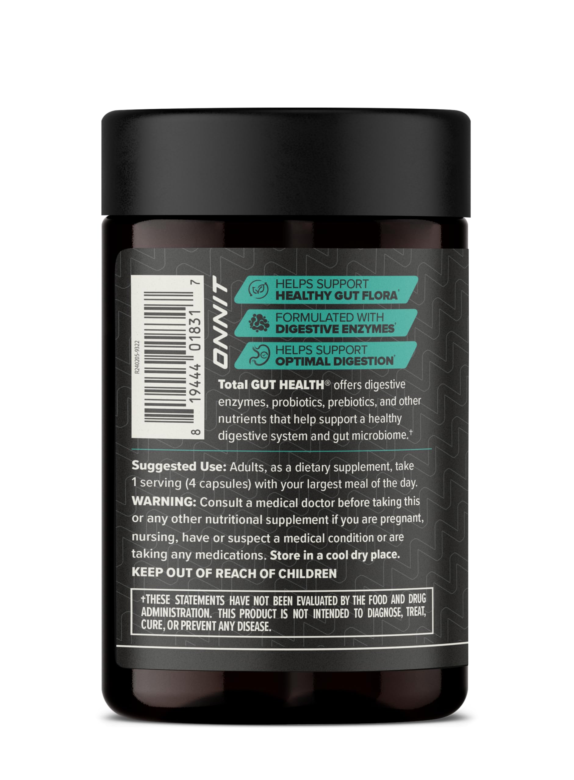 ONNIT Total GUT HEALTH: etiqueta del producto, información clara para elegir bienestar.