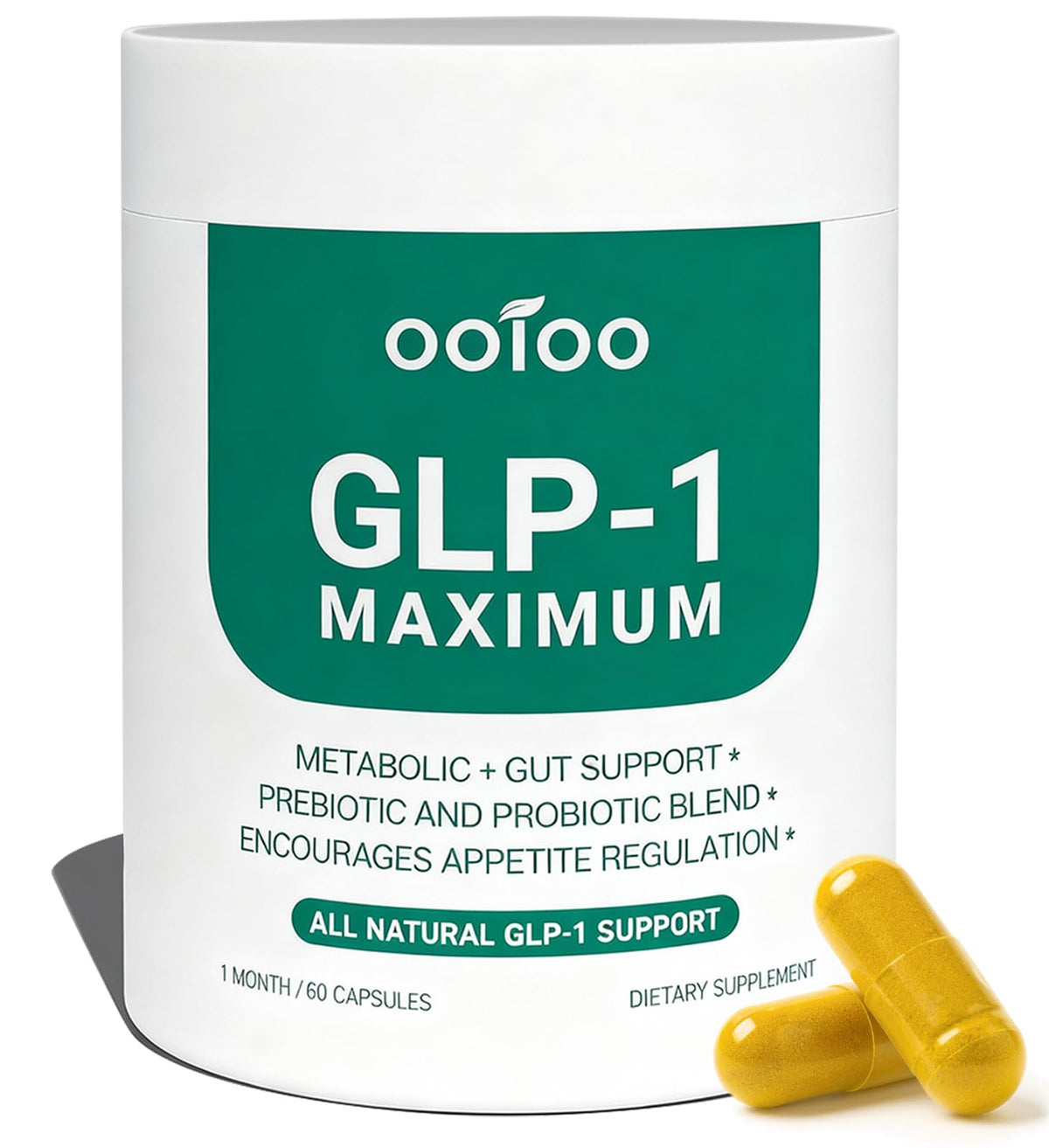 ooioo GLP-1 botella vertiendo cápsulas para rutina metabólica diaria