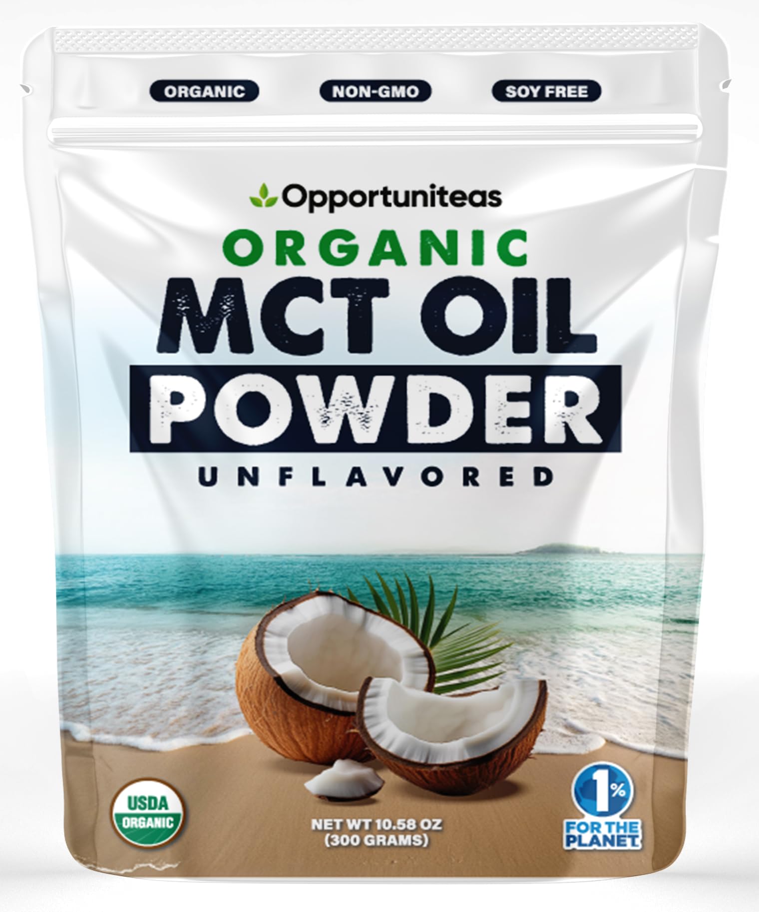 Envase de Opportuniteas con polvo MCT orgánico para café, mezcla rápida.