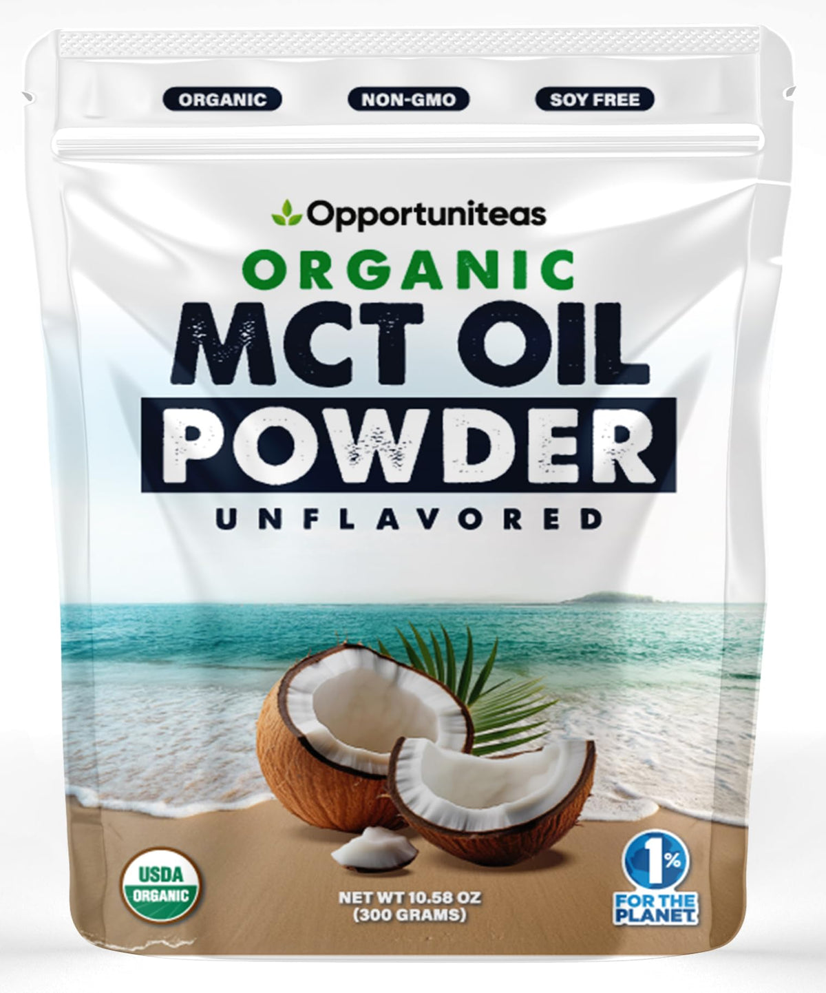 Envase de Opportuniteas con polvo MCT orgánico para café, mezcla rápida.