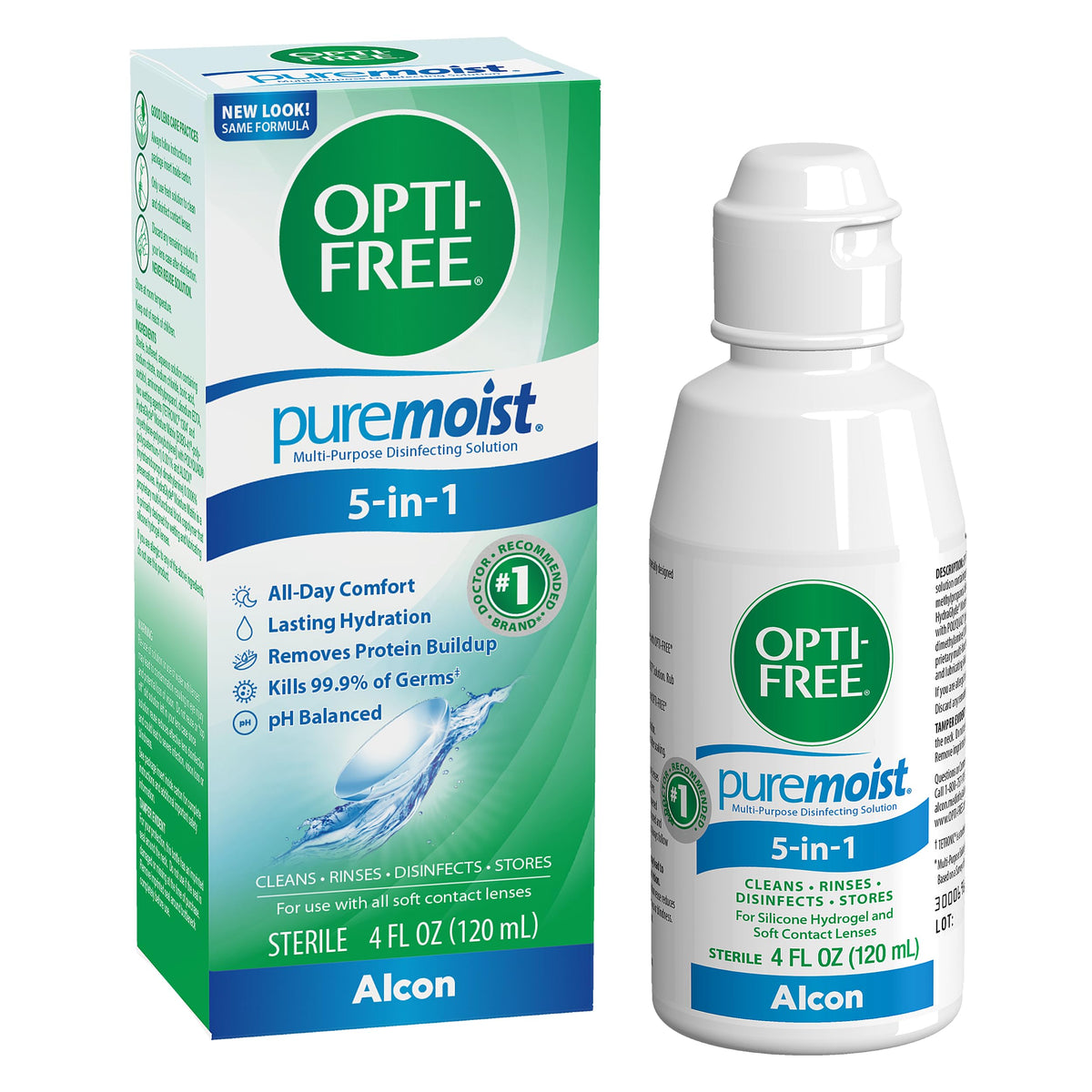Frasco de Opti-Free Puremoist para limpieza y desinfección de lentes.