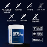 Primer plano de cápsulas Opti + Life MD Creatina Monohidratada para absorción suave