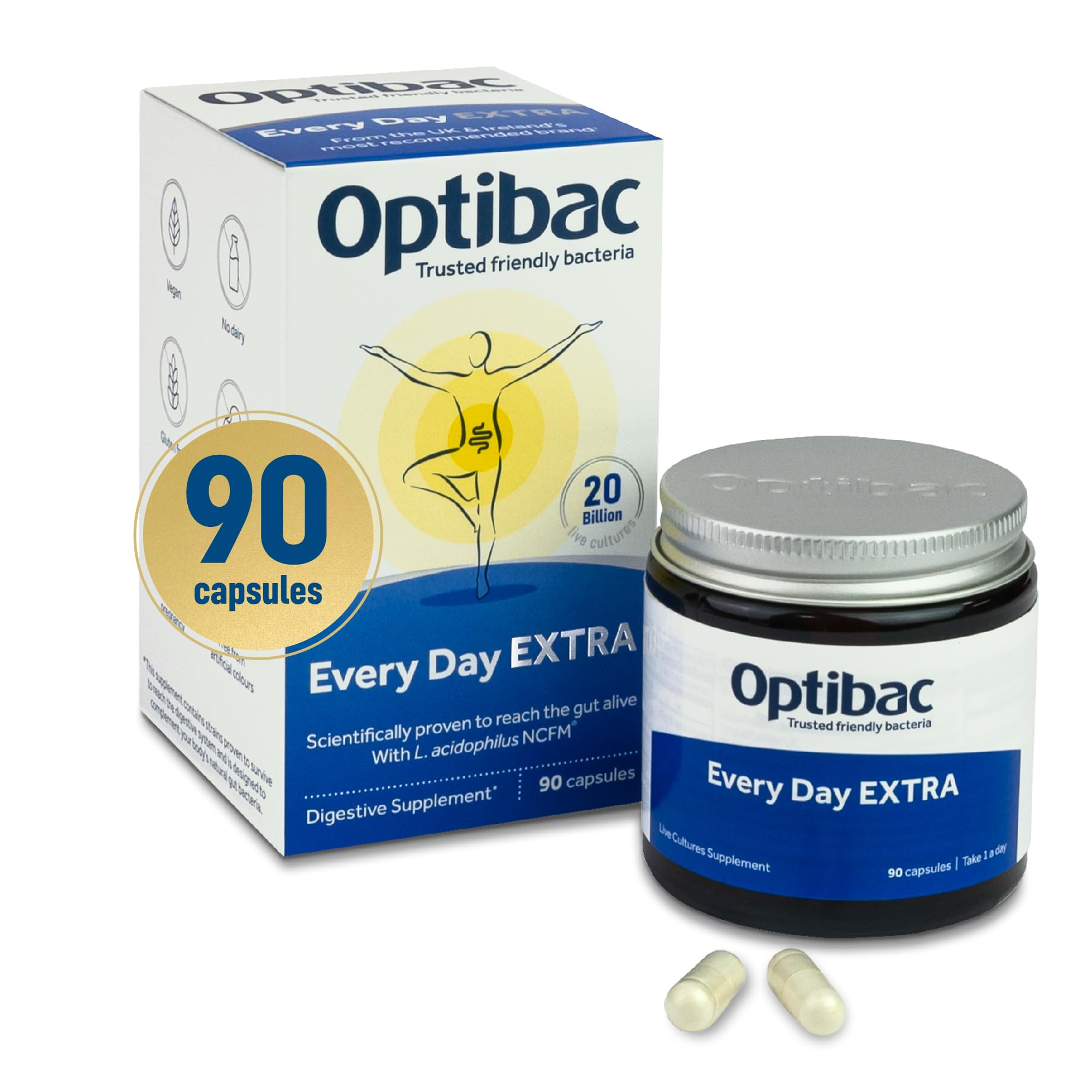 OptiBac frasco de 90 cápsulas para uso diario cómodo.