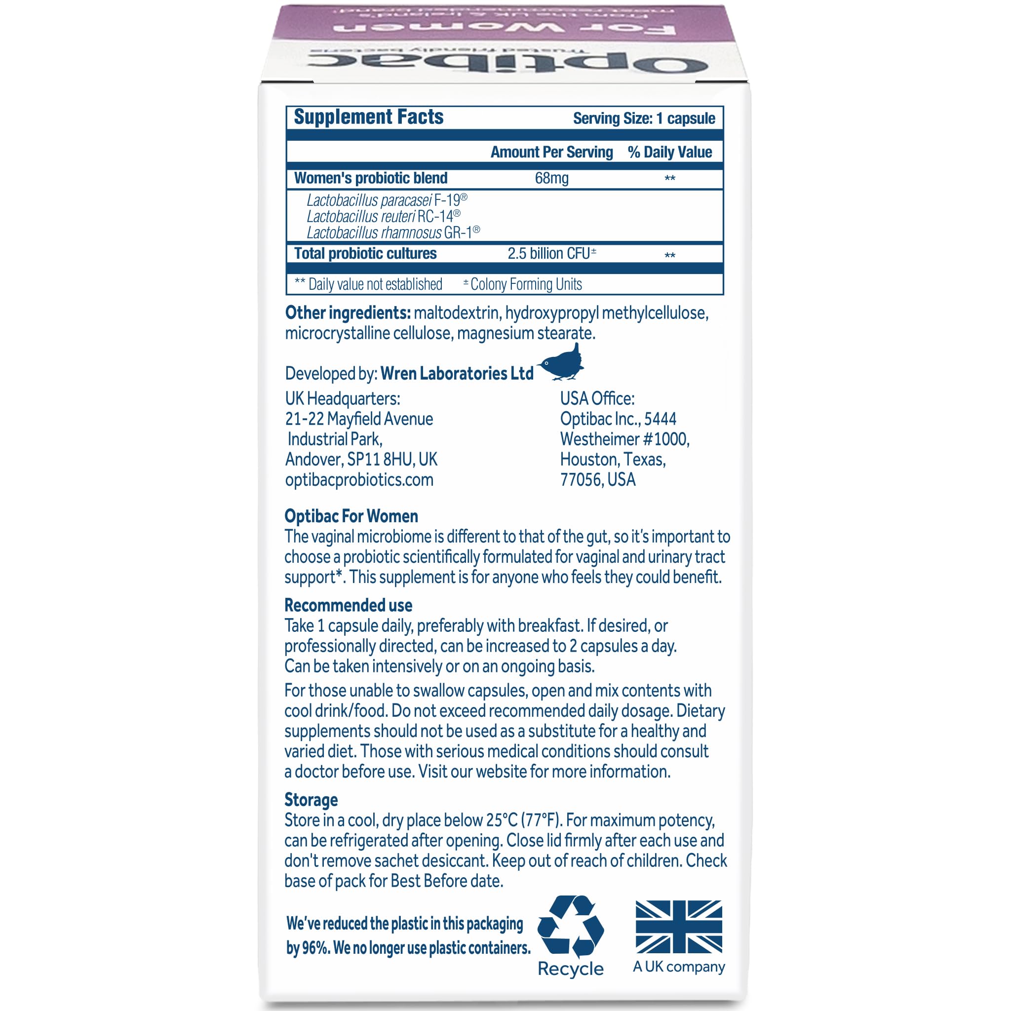 Optibac Probióticos para mujeres: empaque claro con guía de uso.