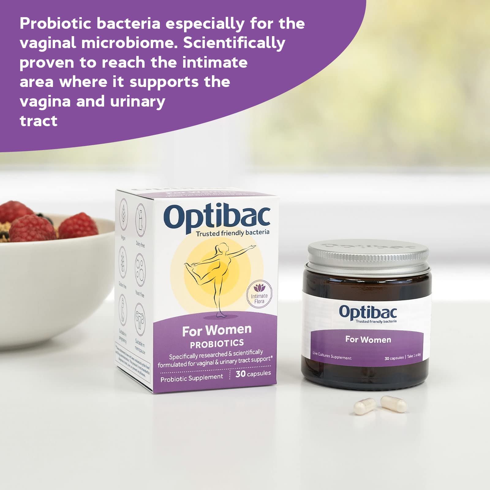 Optibac Probióticos para mujeres: frasco centrado en la salud urinaria diaria.
