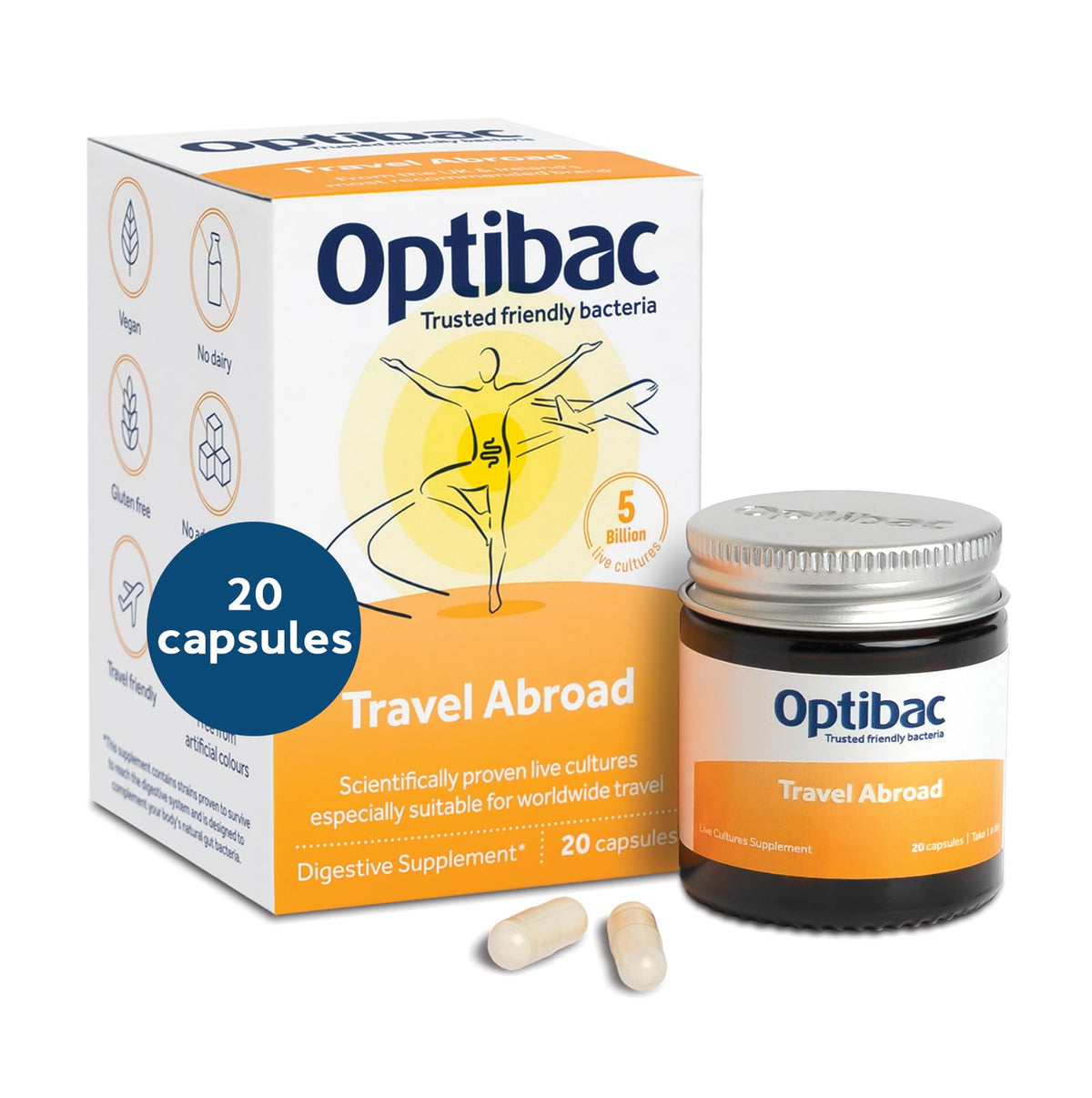 OptiBac probióticos para viaje: empaque listo para consumo diario.