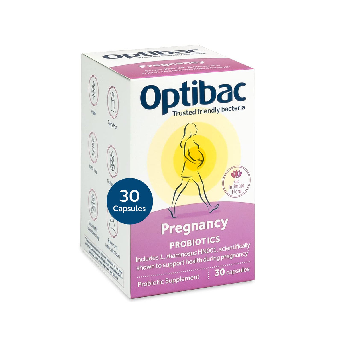 Optibac Probiotics Pregnancy: bote de cápsulas para apoyar la salud intestinal durante el embarazo.