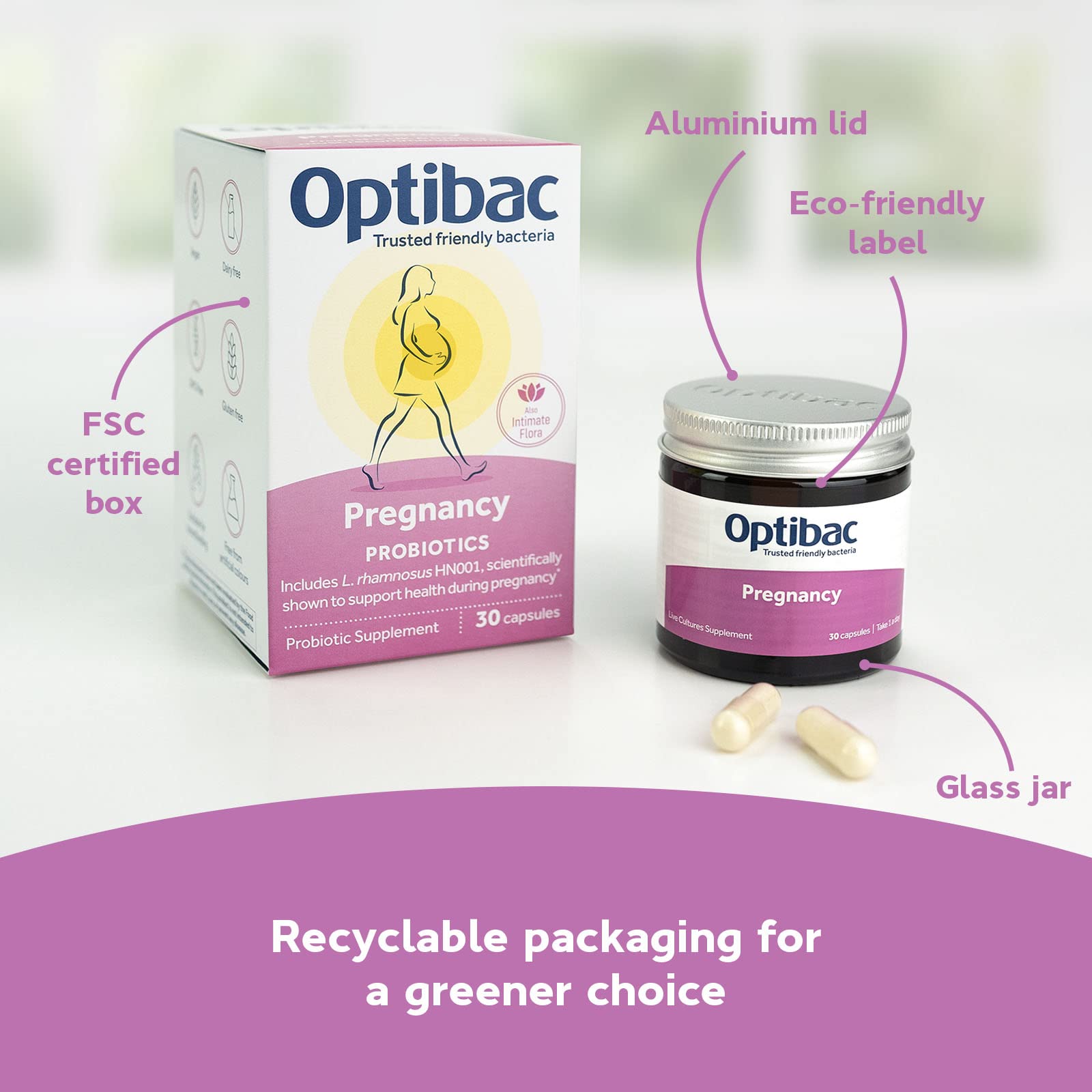 Optibac Probiotics Pregnancy: caja interior con información clara para madres embarazadas.