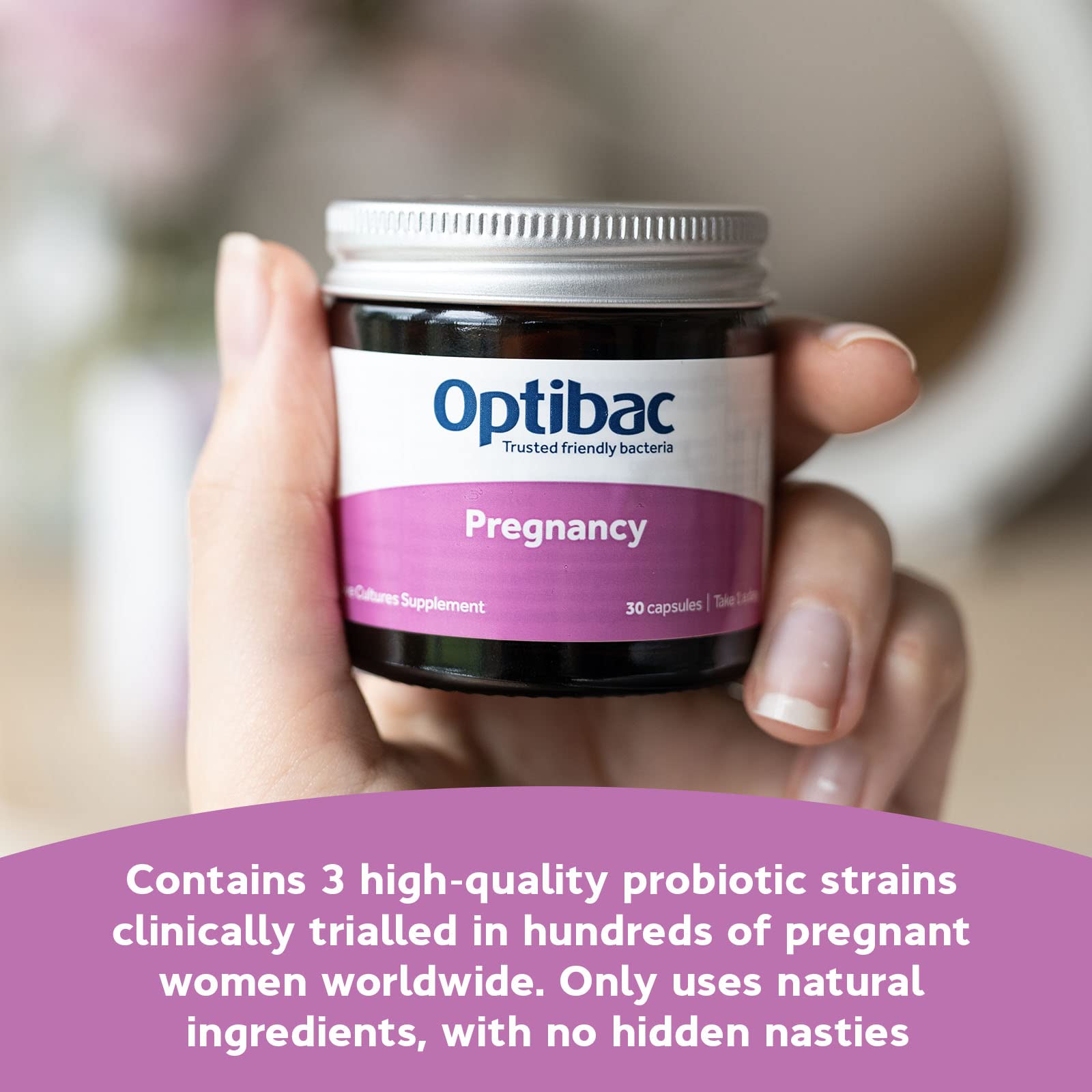 Optibac Probiotics Pregnancy: cápsula suave lista para la toma diaria durante el embarazo.
