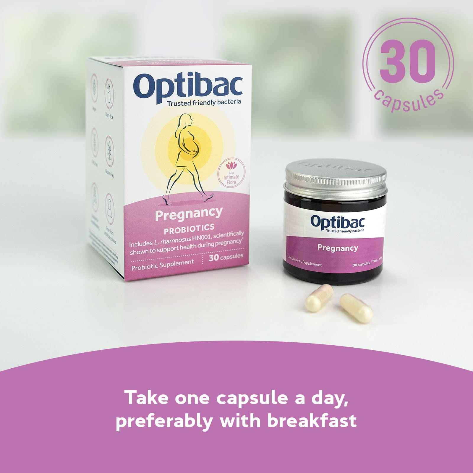 Optibac Probiotics Pregnancy: empaque frontal que destaca 30 cápsulas y versión vegana.