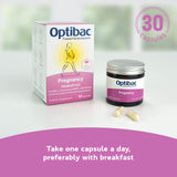 Optibac Probiotics Pregnancy: empaque frontal que destaca 30 cápsulas y versión vegana.